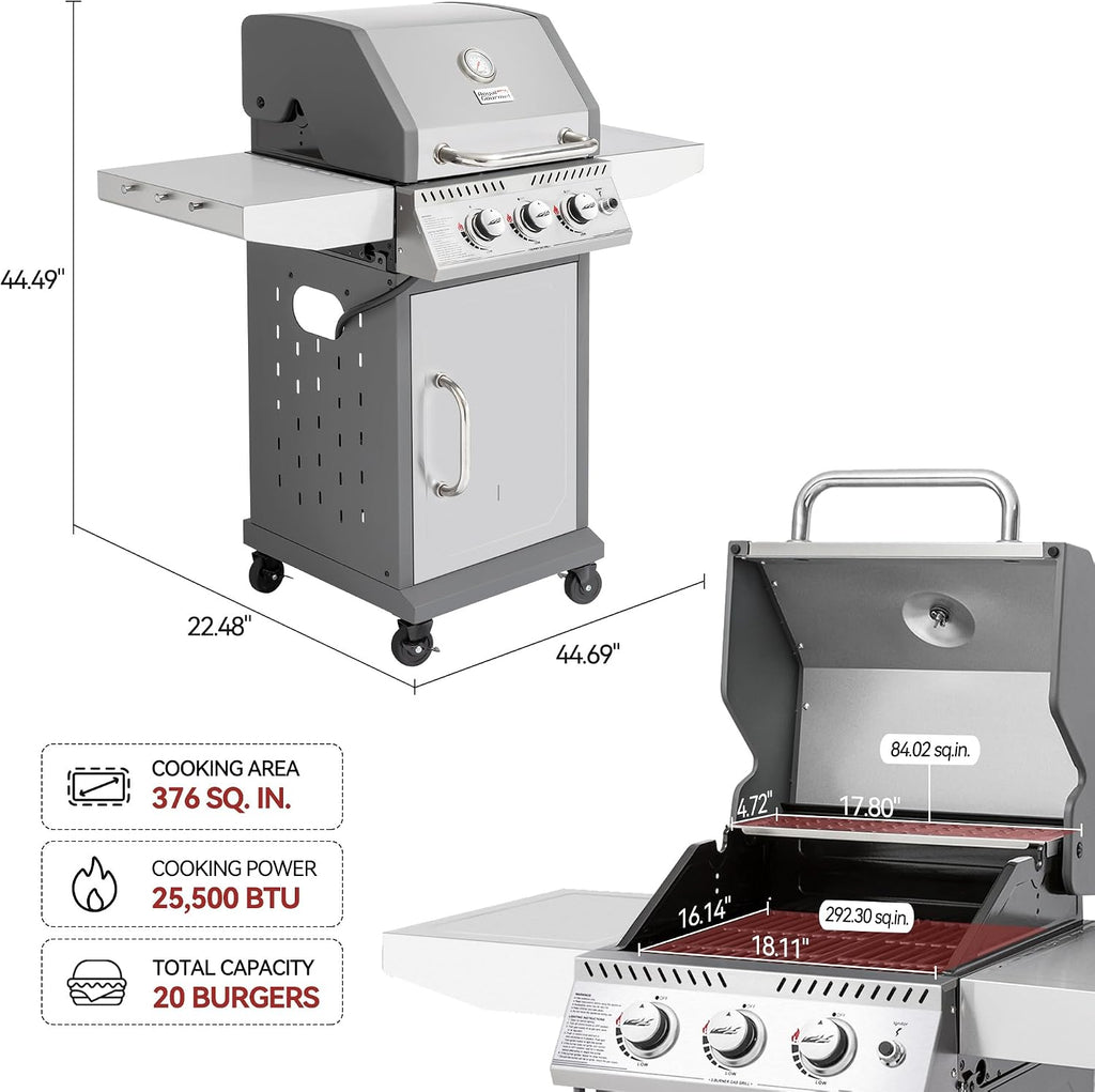 Royal Gourmet GG3001S 3 Burner Propane Gas Grill with Warming Rack, Stainless Steel Cabinet Style Gas Grill with 25,500 BTUs Output for Barbecue Grilling & Backyard Cooking, Silver