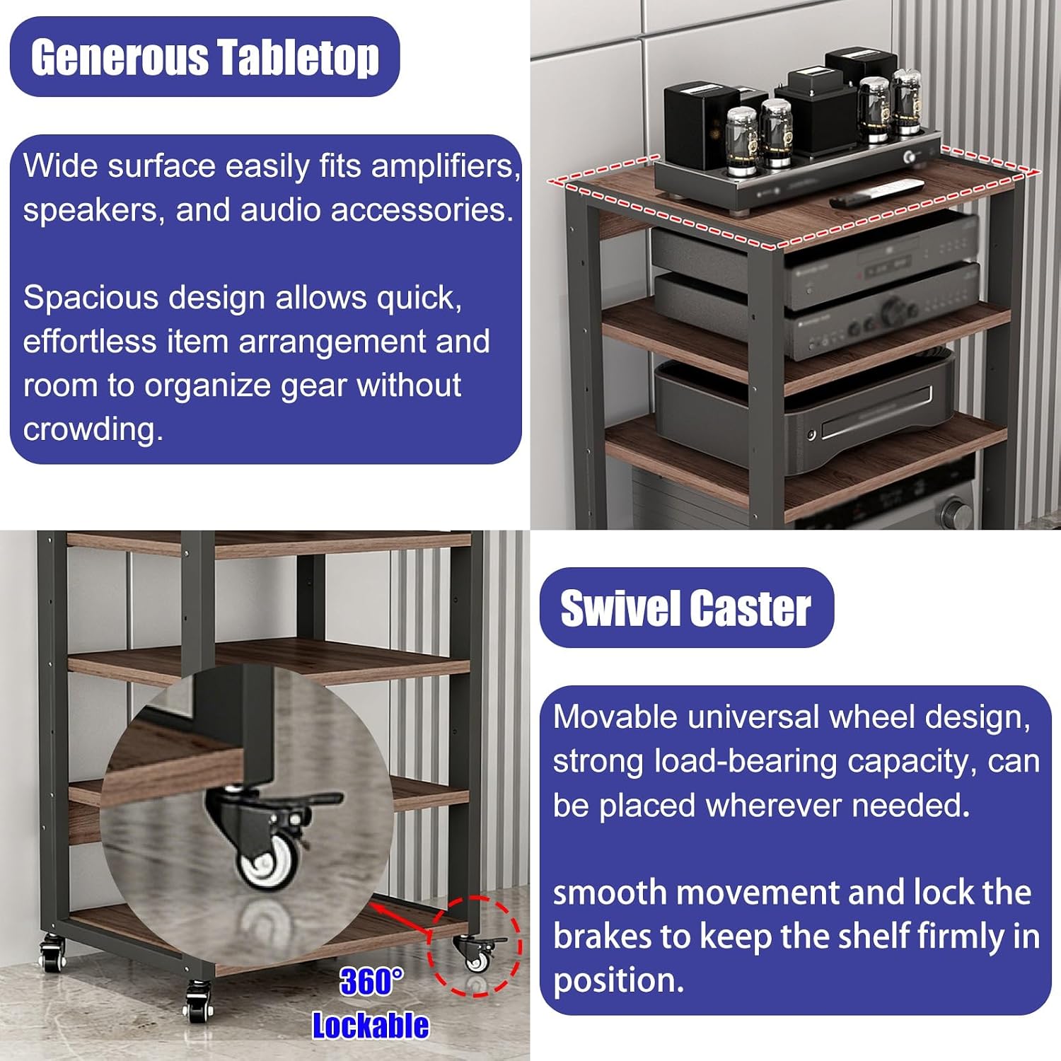 YLLFFLL Home Audio Rack with Wheels 3 4 5 Tier, Floor Standing Removable Stereo Cabinet Media Organizer Equipment Shelf, HiFi Stands with Height-Adjustable Shelf(W 19 7/10IN,3 Shelf)