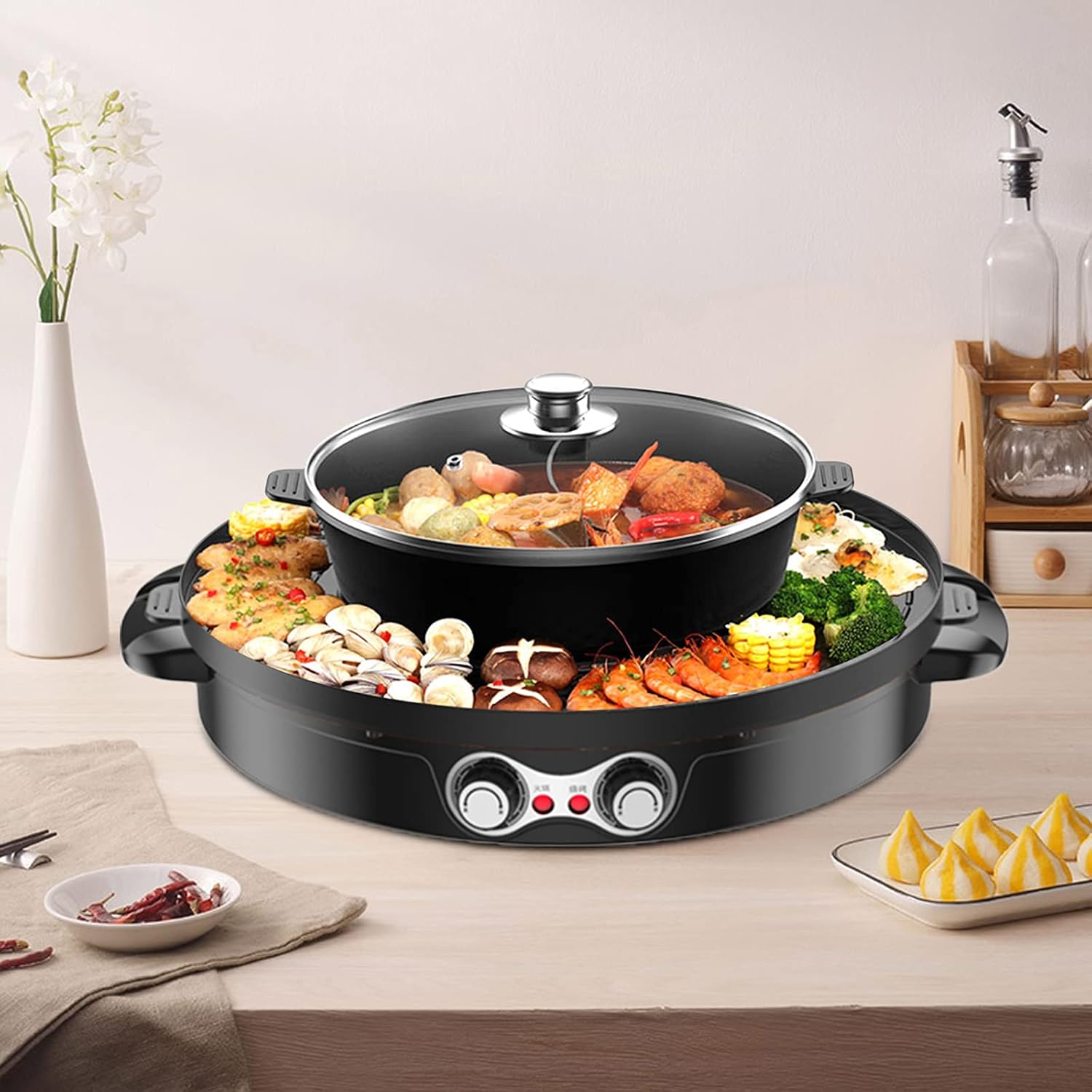 Food Party Hot Pot with Grill 2 in 1 Indoor Non-Stick Electric Pot and Griddle Korean BBQ Grill Indoor Smokeless Hotpot Pot Electric Cooker with Separable Cooking Plate & Independent Dual Temperature