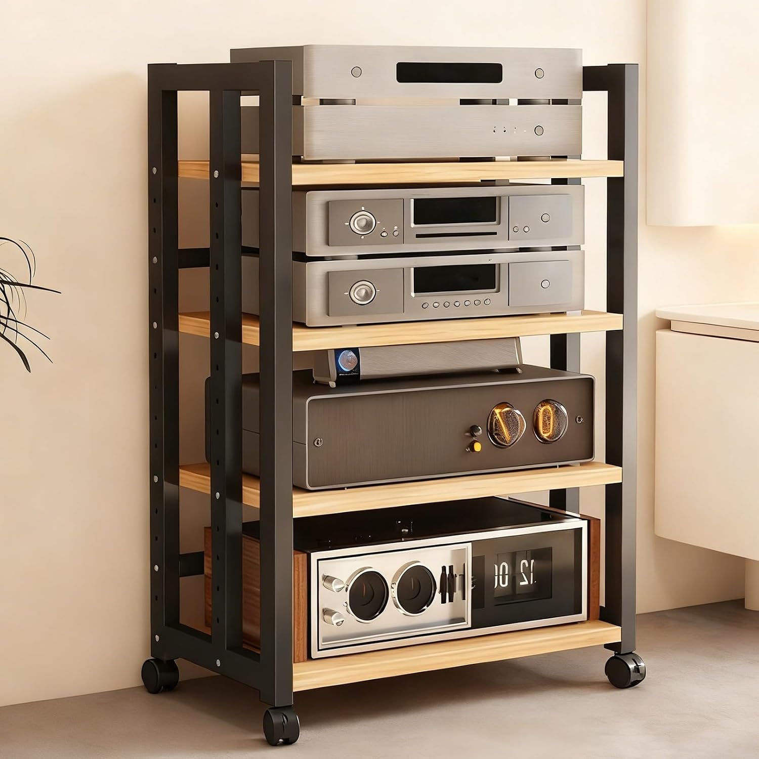 WDJBPSH Heavy Duty Rolling Audio Equipment Cart with Height Adjustable Wooden Shelf, Space-Saving AV Stereo Rack for Office Bedroom Living Room Storage Solution(40cm/15.7in)