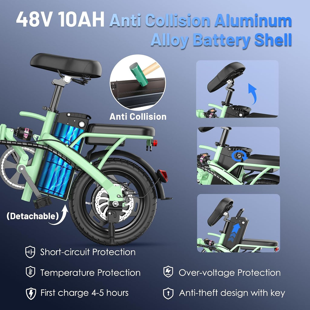 Foldable Electric Bike for Adults and Teens, 740W Peak Motor Ebike with 48V 10AH/20AH Removable Battery, 30-60 Miles PAS Range, 14' Folding Mini E-Bike, 20MPH Electric Bicycle for Daily Commuting