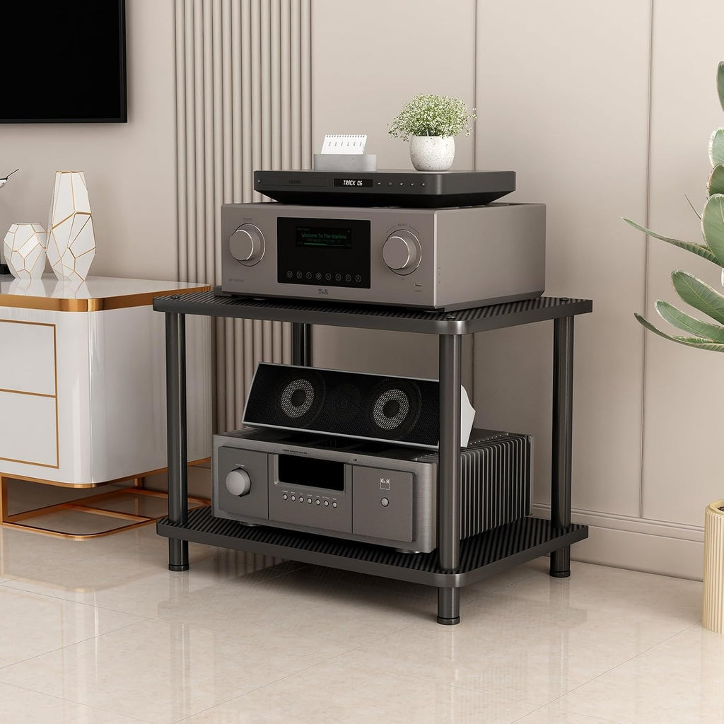 Floor-Standing 2 Tier AV Media Stand, Audio Rack Tower, TV Game Console Equipment Shelf, CD Record Player Stereo Component Rack Cabinet for Home Theater Studio(Carbon Fiber,60x40x47.5cm)