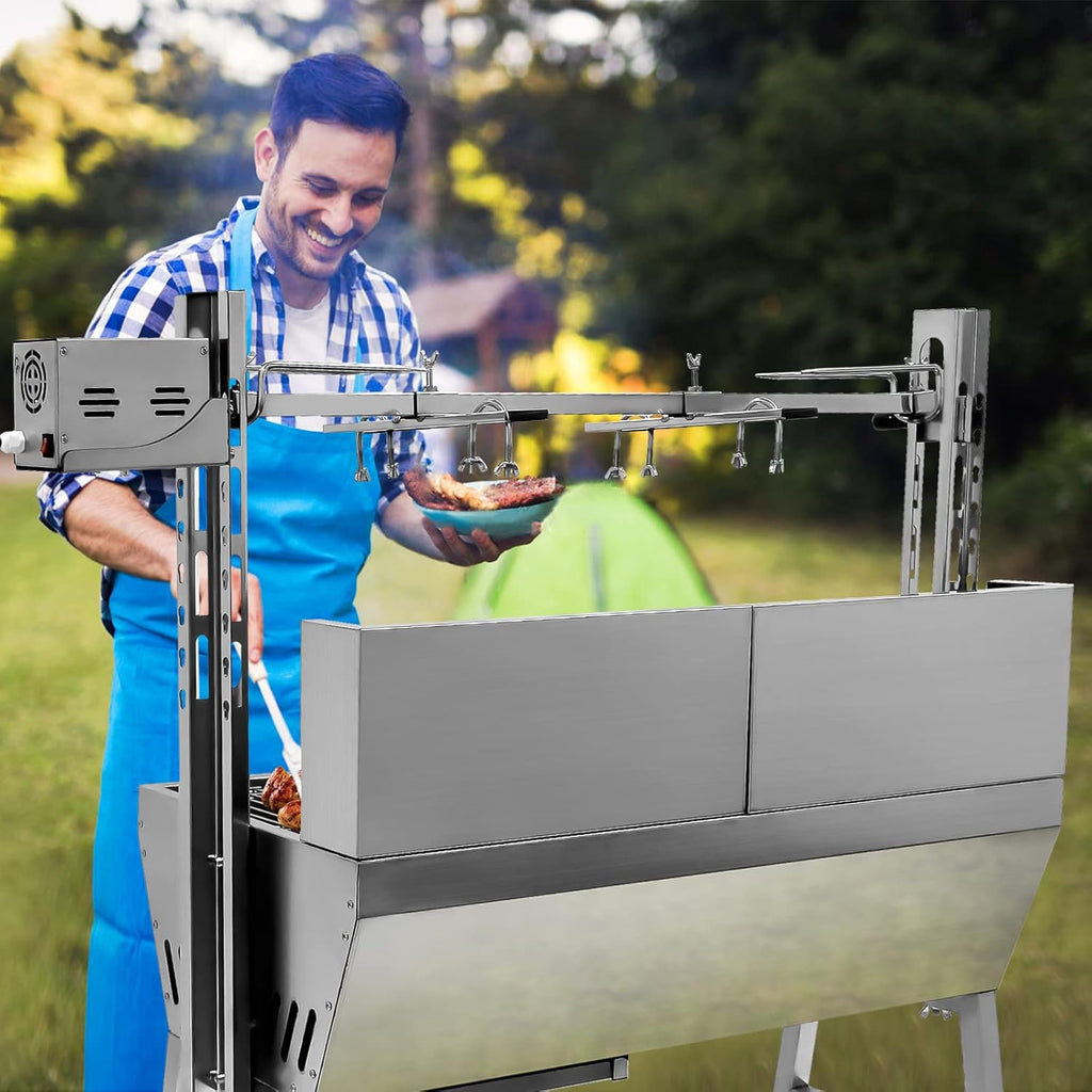 Rotisserie Grill Charcoal Spit Roaster, Stainless Steel 37' Pig Lamb Hooded Roaster Charcoal Spit With 25W Motor & Adjustable Height Lockable Casters For Party Barbecue,132 LBS With Baffle