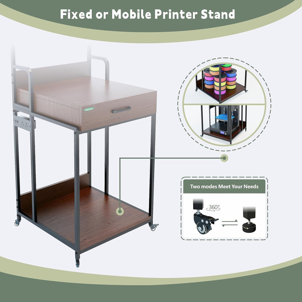PT2GO Heavy Duty 3D Printer Table Stand with Wooden Drawer, Dual Desk 3D Printer Table, Rolling Filament Spool Holder with Power Hub for Garage Office Workshop