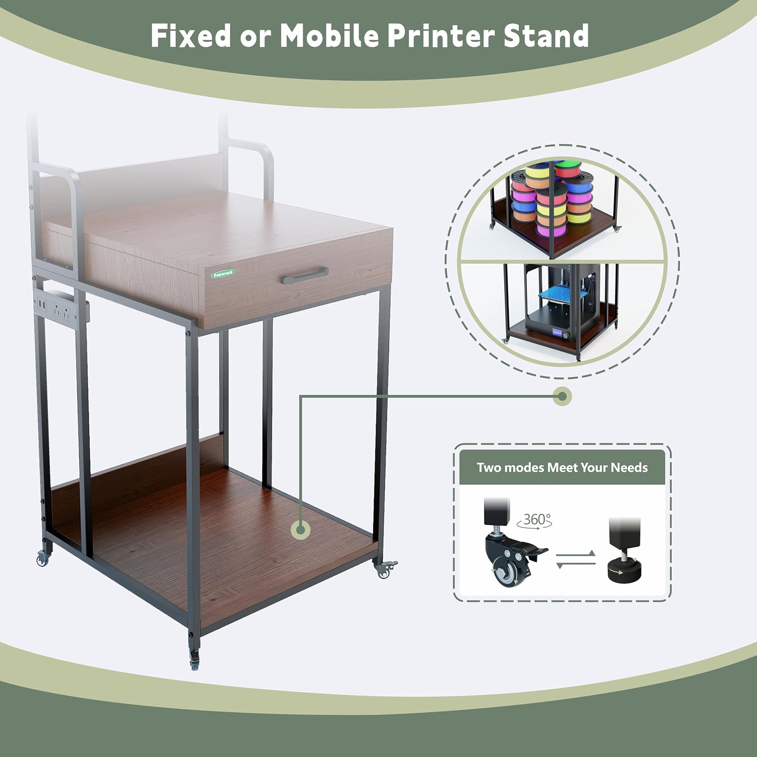 PT2GO Heavy Duty 3D Printer Table Stand with Wooden Drawer, Dual Desk 3D Printer Table, Rolling Filament Spool Holder with Power Hub for Garage Office Workshop