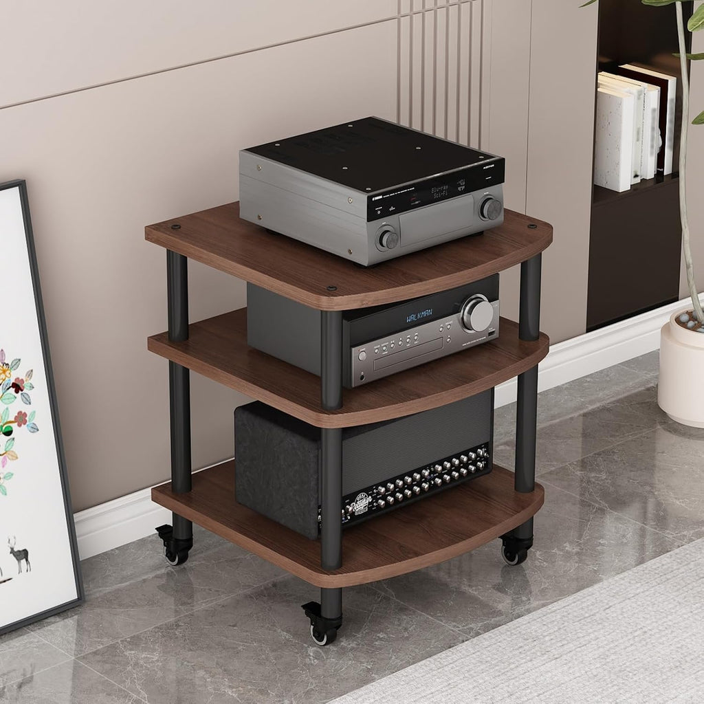 2/3/4/5-Tier Movable AV Media Stand with Wheels, Audio Rack Tower, TV Game Console Equipment Shelf, CD Record Player Stereo Component Cabinet for Home/Office/Theater(Walnut,3 Tier)