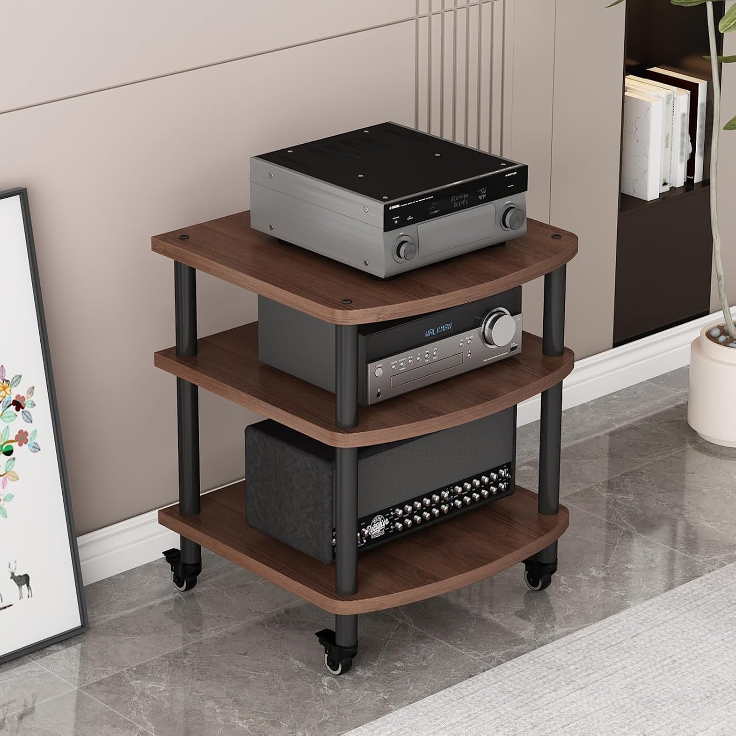 2/3/4/5-Tier Movable AV Media Stand with Wheels, Audio Rack Tower, TV Game Console Equipment Shelf, CD Record Player Stereo Component Cabinet for Home/Office/Theater(Walnut,3 Tier)