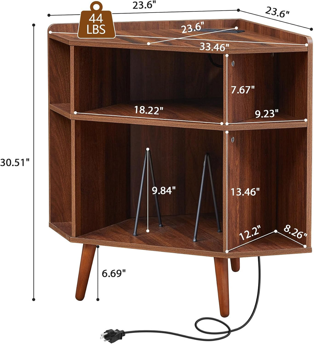 Corner Record Player Stand with Charging Station & USB Ports, 3 Tier Mid Century Modern Vinyl Record Storage Cabinet, Wood Turntable Stand for Music Room, Living Room, Small Space