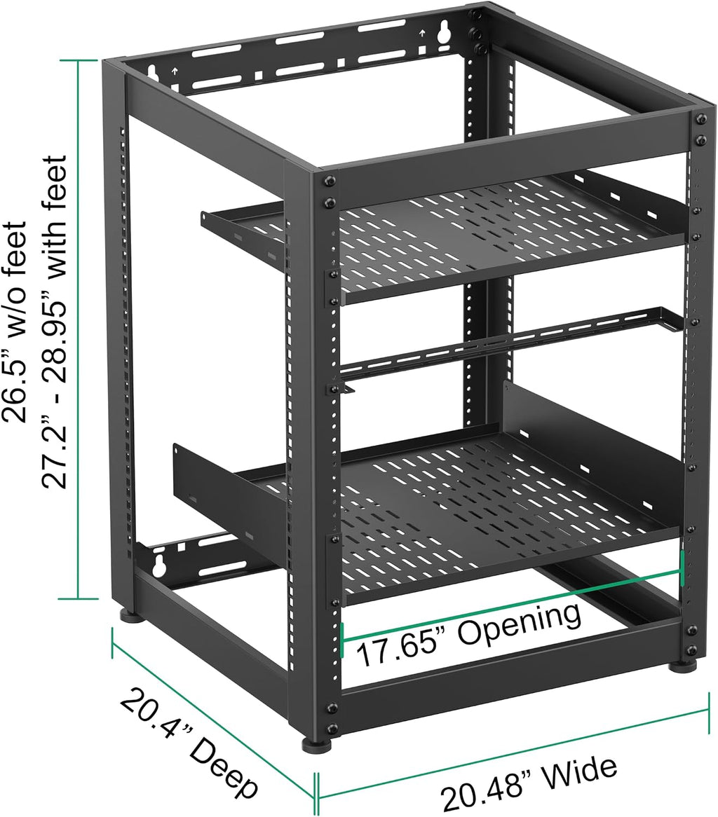 ynVISION.DESIGN 15U Open Frame AV Rack with 1U & 2U Shelves, Lacer Bar, Leveling Feet & Business Card Holder – Server, Network & Audio Rack Includes Mounting Hardware