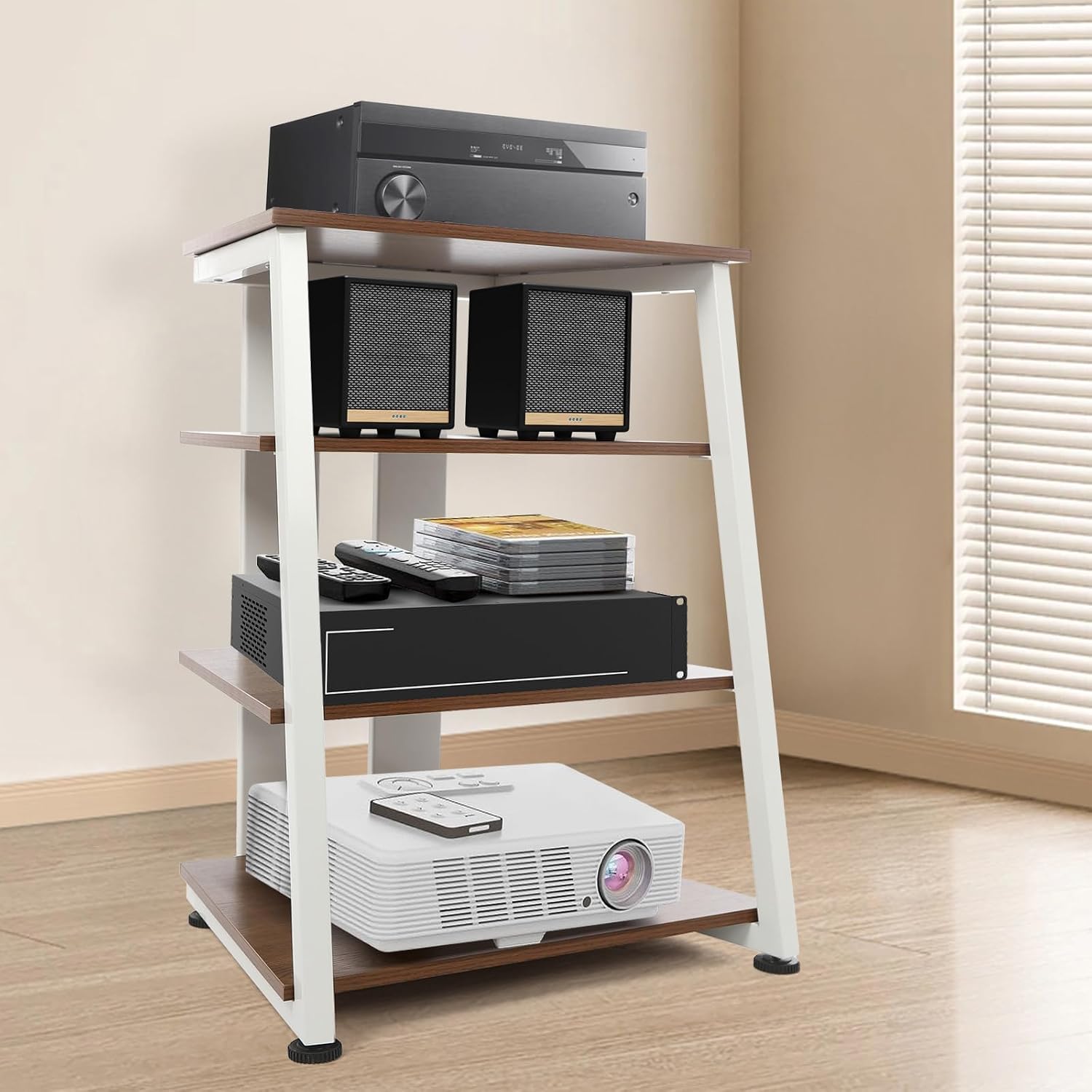 4-Tier AV Media Stand, Corner Shelf Stereo Audio Rack Stand with Adjustable Shelves, 110 lbs Total Capacity, Perfect for Home Theaters, Studios (Brown+White)