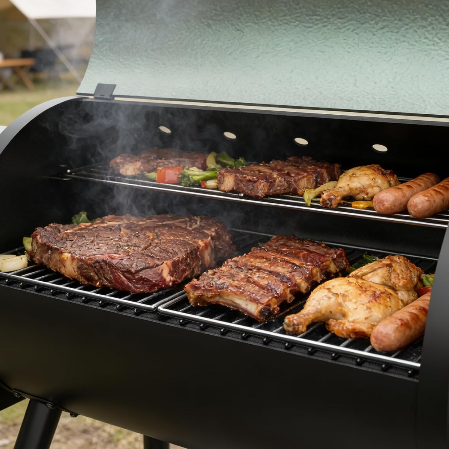 DAMNISS Electric Wood Pellet Smoker Grill 8 In 1 BBQ Grills for Outdoor Grill with Auto Feed & PID Temperature Control (180-450°F) and Rain Cover 456 Sq.In Cook Area for Backyard New House Gifts