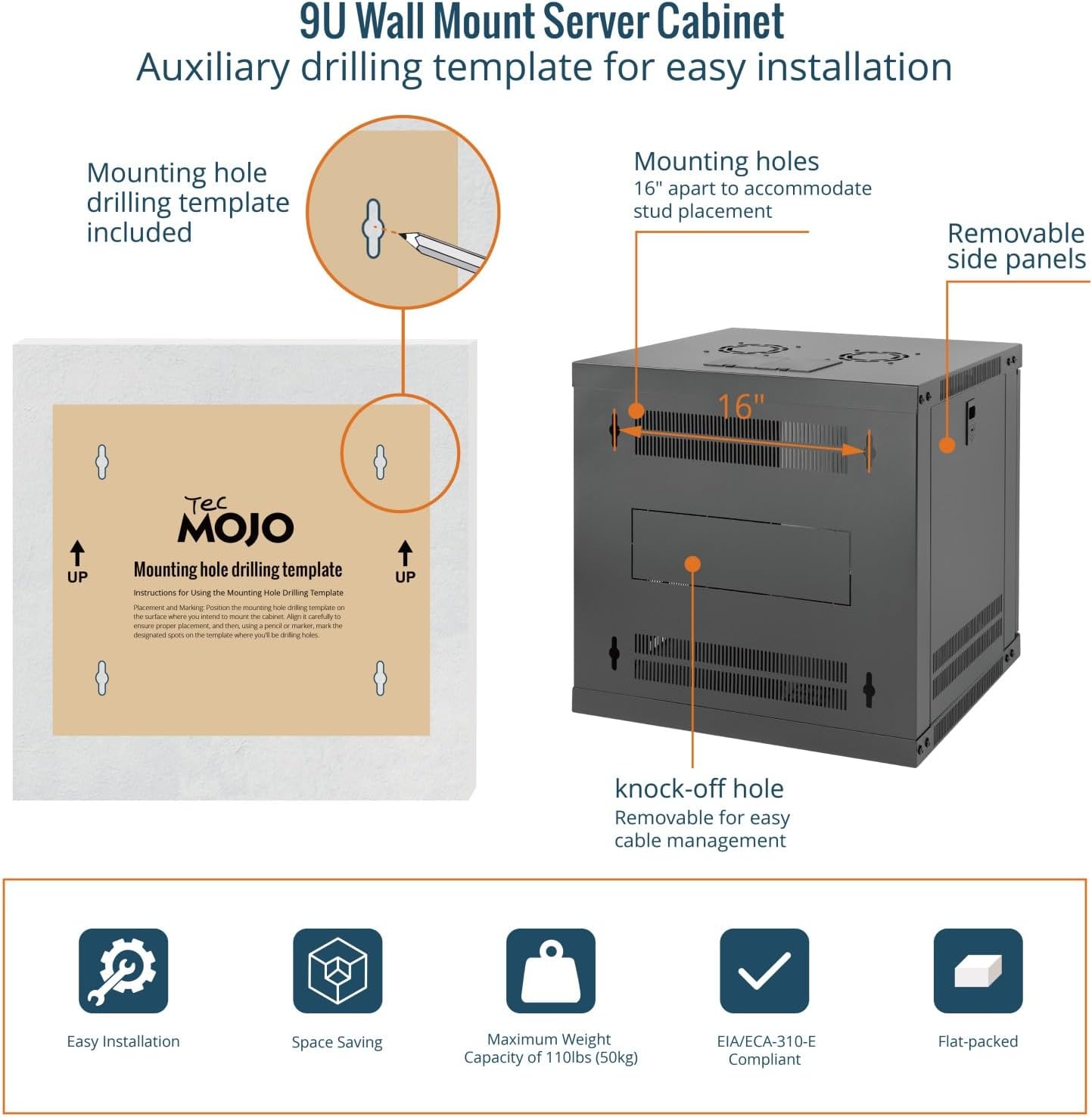 Tecmojo 9U Wall Mount Rack with Thermostat, 17.7inch Depth Enclosed Server Cabinet with 2 Cooling Fans,Lockable Door & Hardware,9U Rack for 19inch Equipments,Glass Door