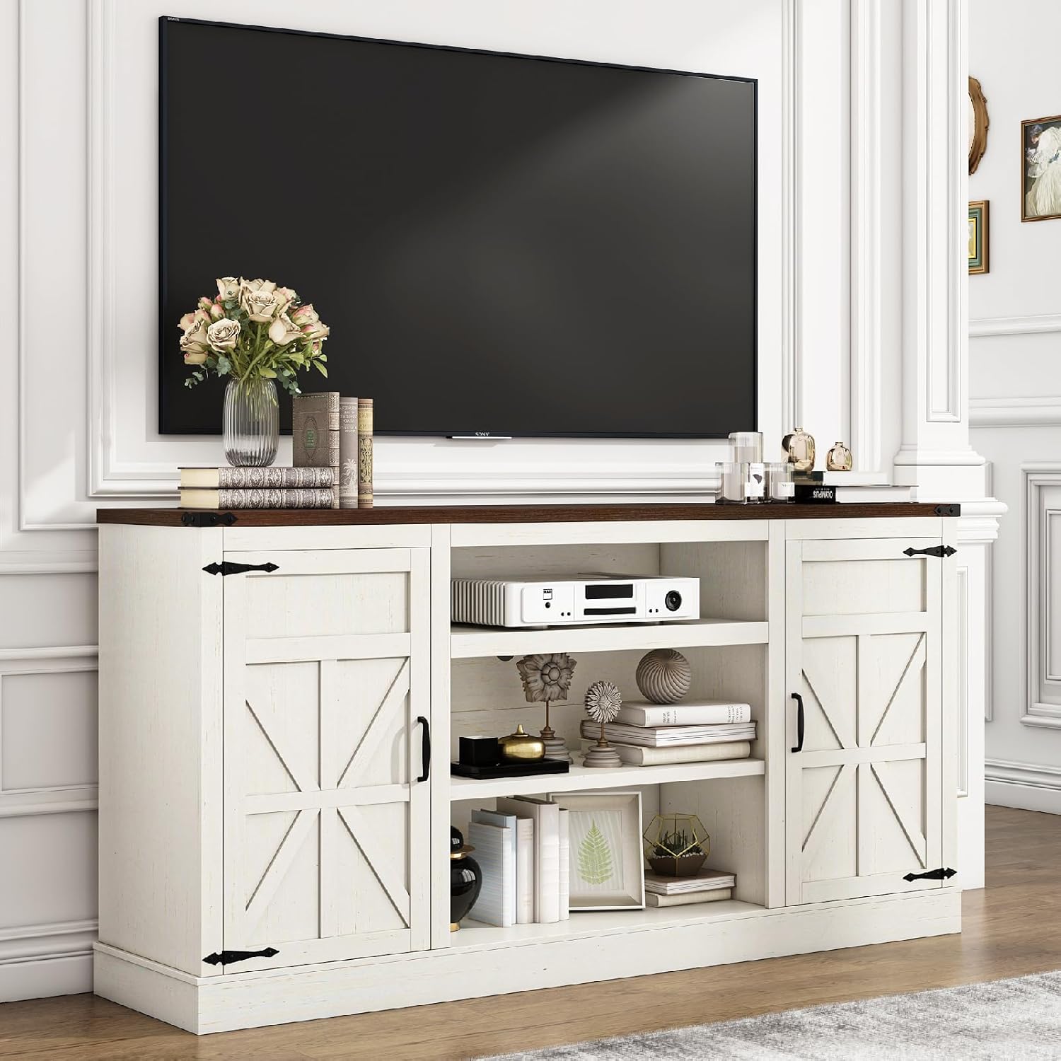 Hlivelood 66' Farmhouse TV Stand with Power Outlets for 75 Inch TVs, 33' Tall Entertainment Center with Storage Cabinets w/Adjustable Shelves, Rustic Large TV Media Console, Rustic White