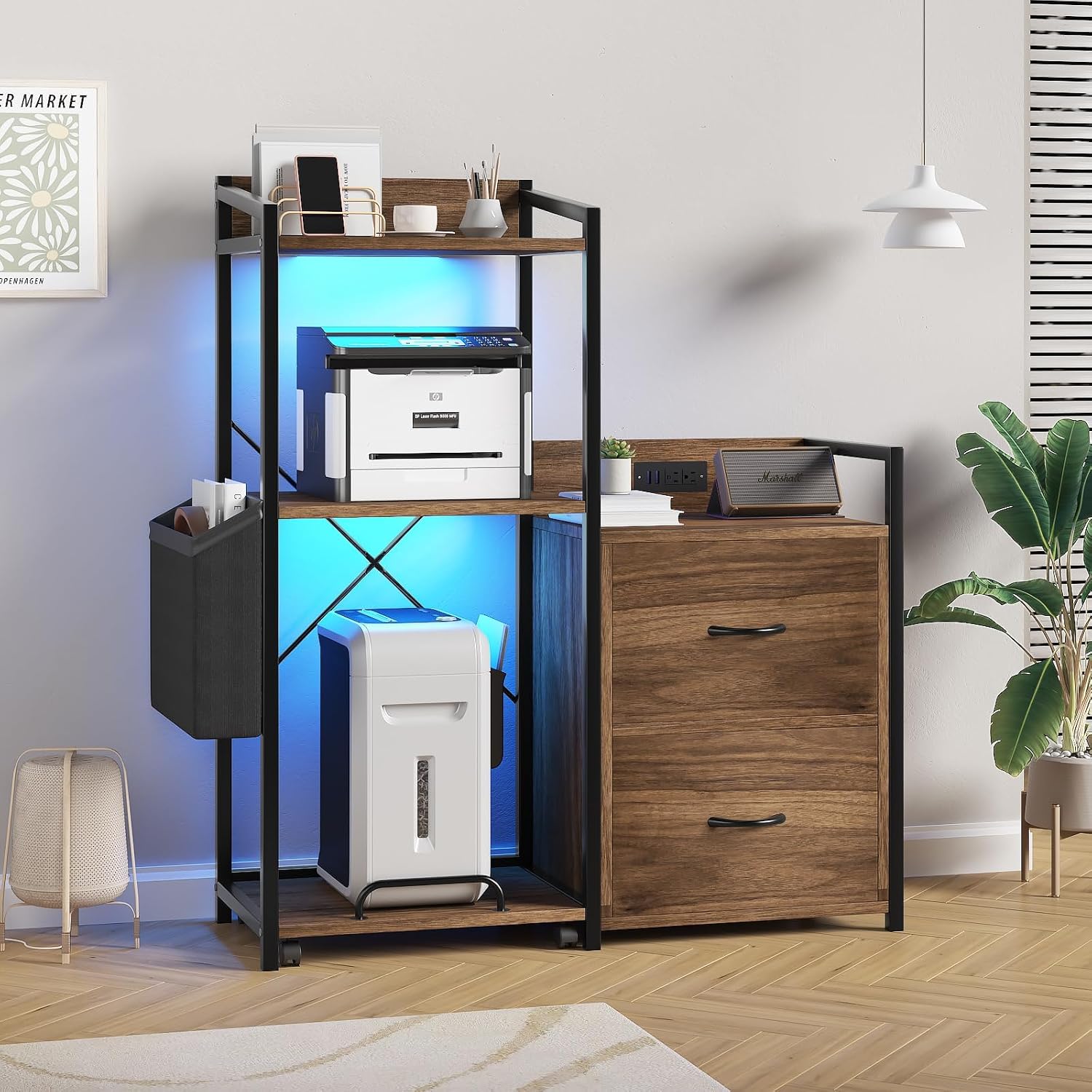 Printer Stand with Storage, 49.2' × 37.8' 3-Tier 3D Printer Table with 2 Drawers, Charging Station & LED Lights, Side Organizer Basket, Rolling Printer Cart for Scanner Fax Office, Rustic Brown