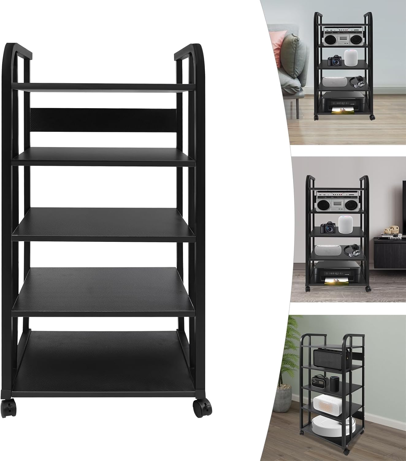5-Tier Audio/Video Media Stand - CD & Record Player Display Rack for Stereo Receiver, AV Equipment Cabinet with 4 Lockable Wheels, Guardrails & Back Baffles, Holds Up to 88 lbs