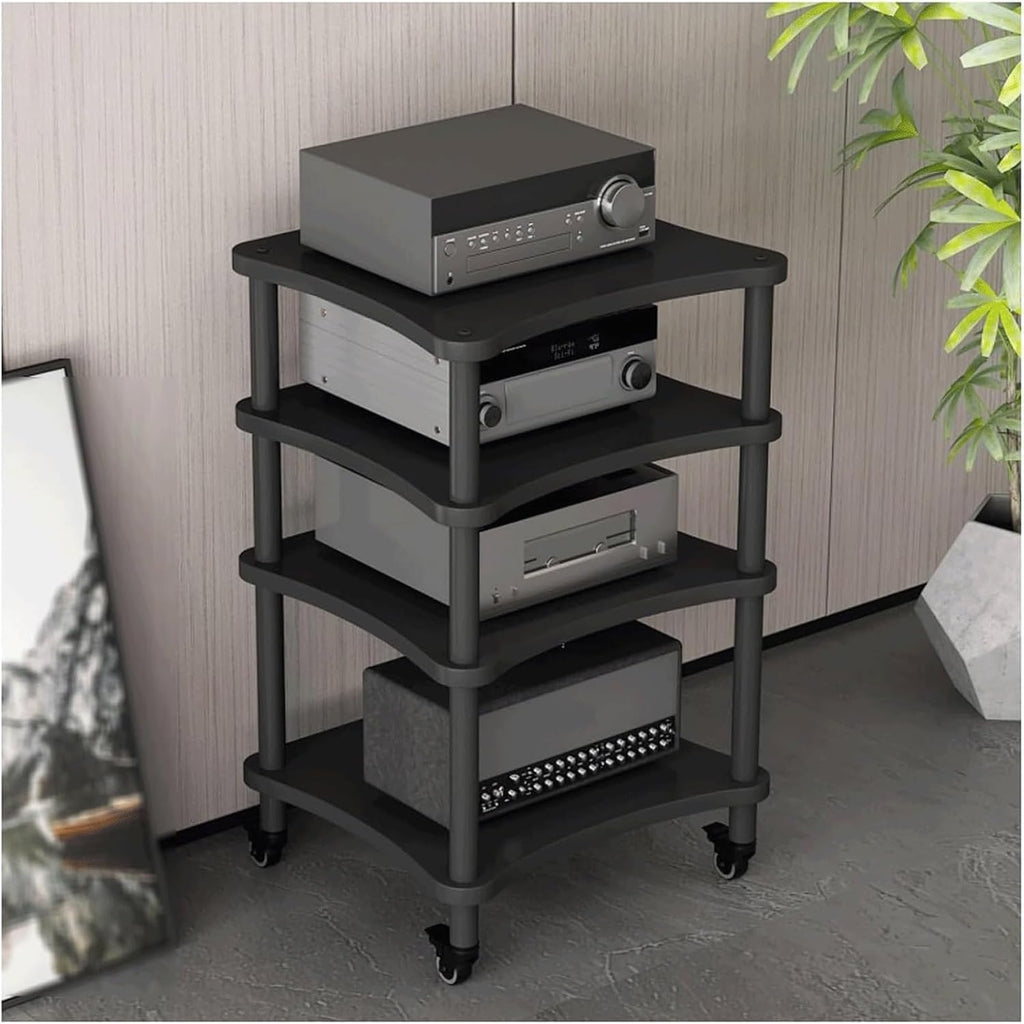 Audio Rack Stereo Rack Mobile Audio Equipment Rack Wooden Audio Rack Cabinet HiFi Rack with Wheels Audio Component Rack Durable(Nero,4 Tier)