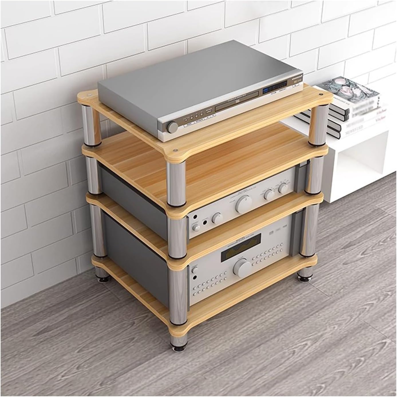 4-Tier AV Media Stand HiFi Rack Multifunctional Media Component Storage Cabinet with Shock-Absorbing Feet for Record Player, Audio Entertainment Equipment(Light Walnut)