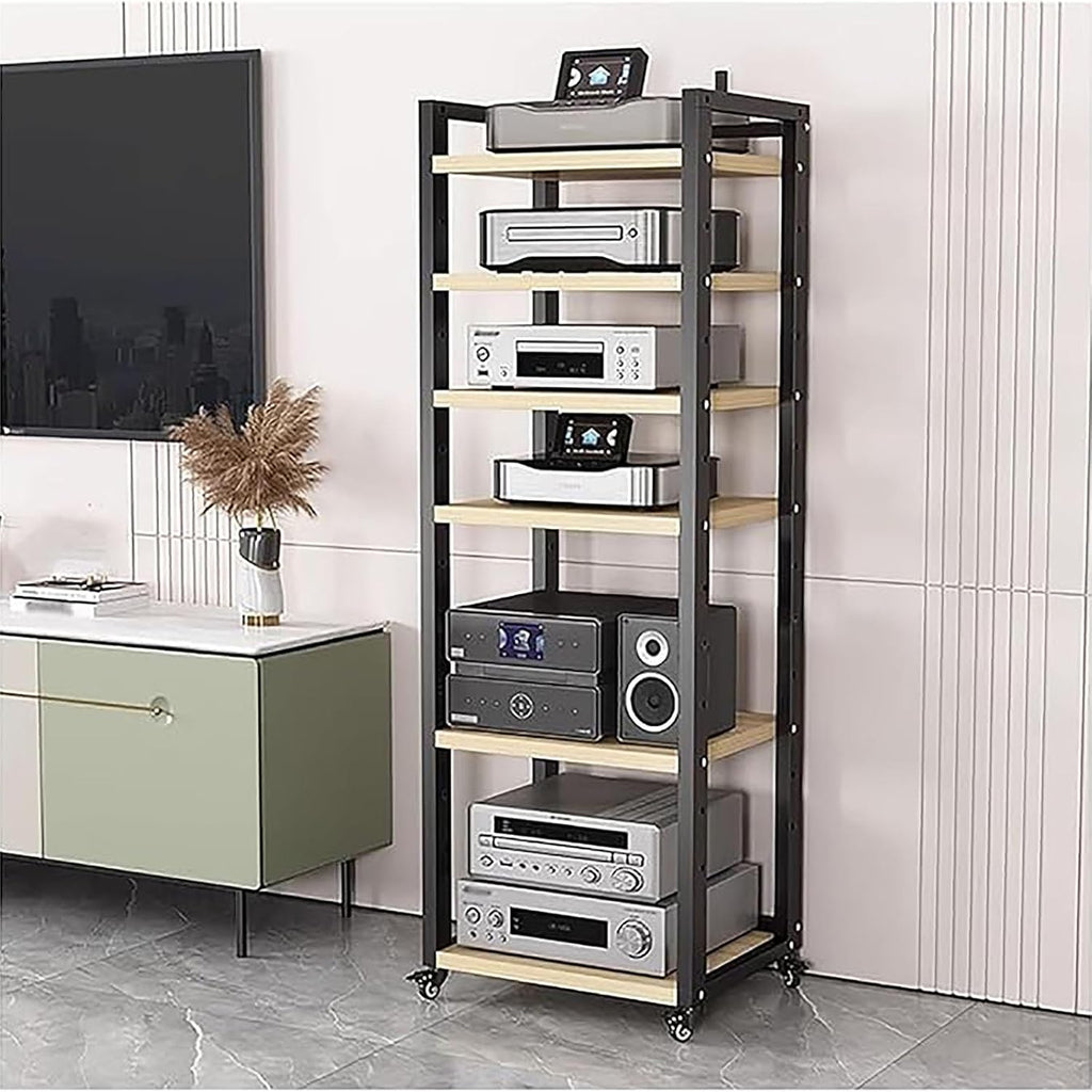 Audio Rack Av Tower Media Stand 5-tier Electronics Equipment Shelf, 6 7 8 Shelf Tall Rolling Stereo Cabinet Racks With Wheels & Height-Adjustable Shelf For Amplifiers/Players/TV, Black-a-6-Tiers