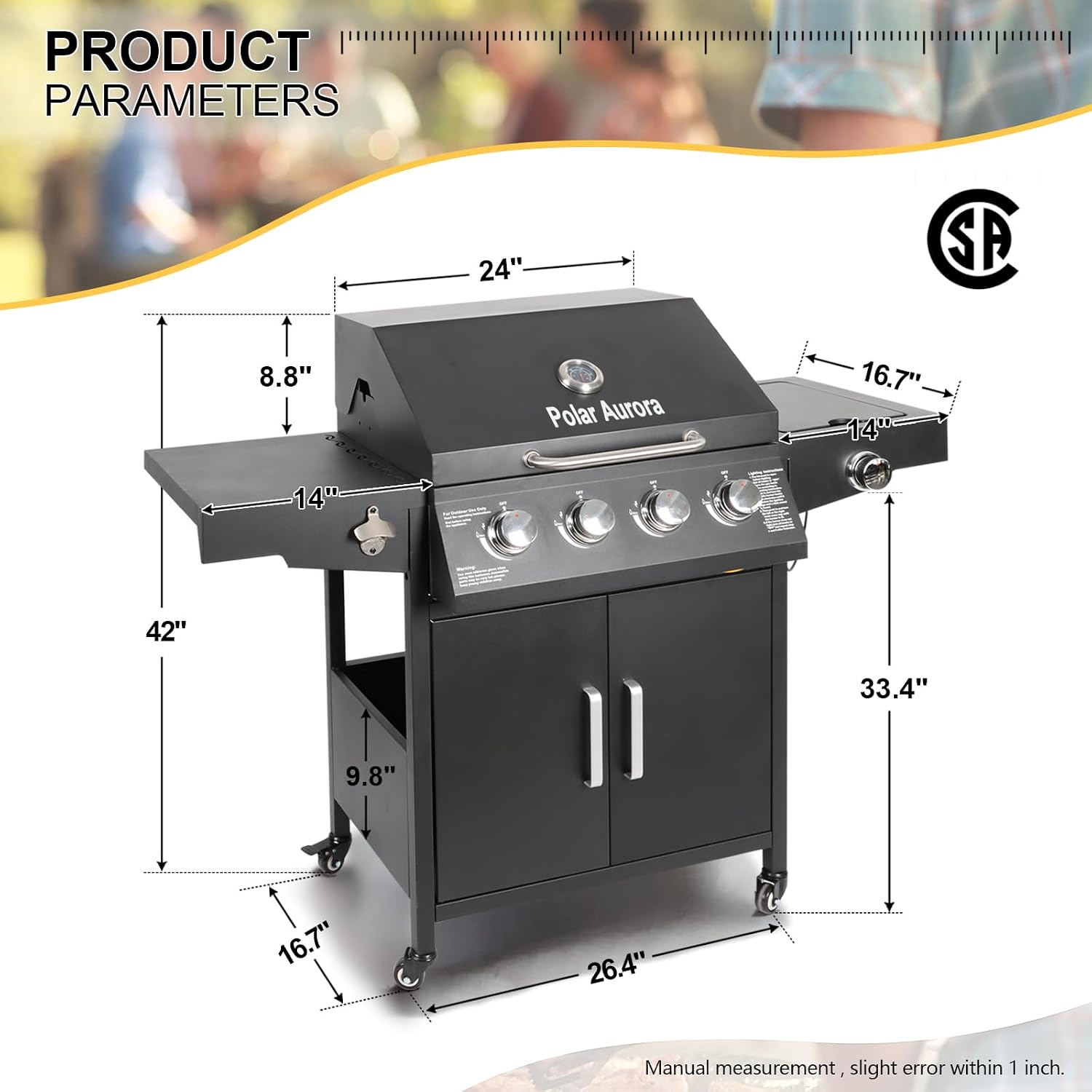 Propane Gas Grill 4 Burners with Side Burner Freestanding Grill Cart with Wheels for Outdoor Garden Cooking Barbecue Grill, Black