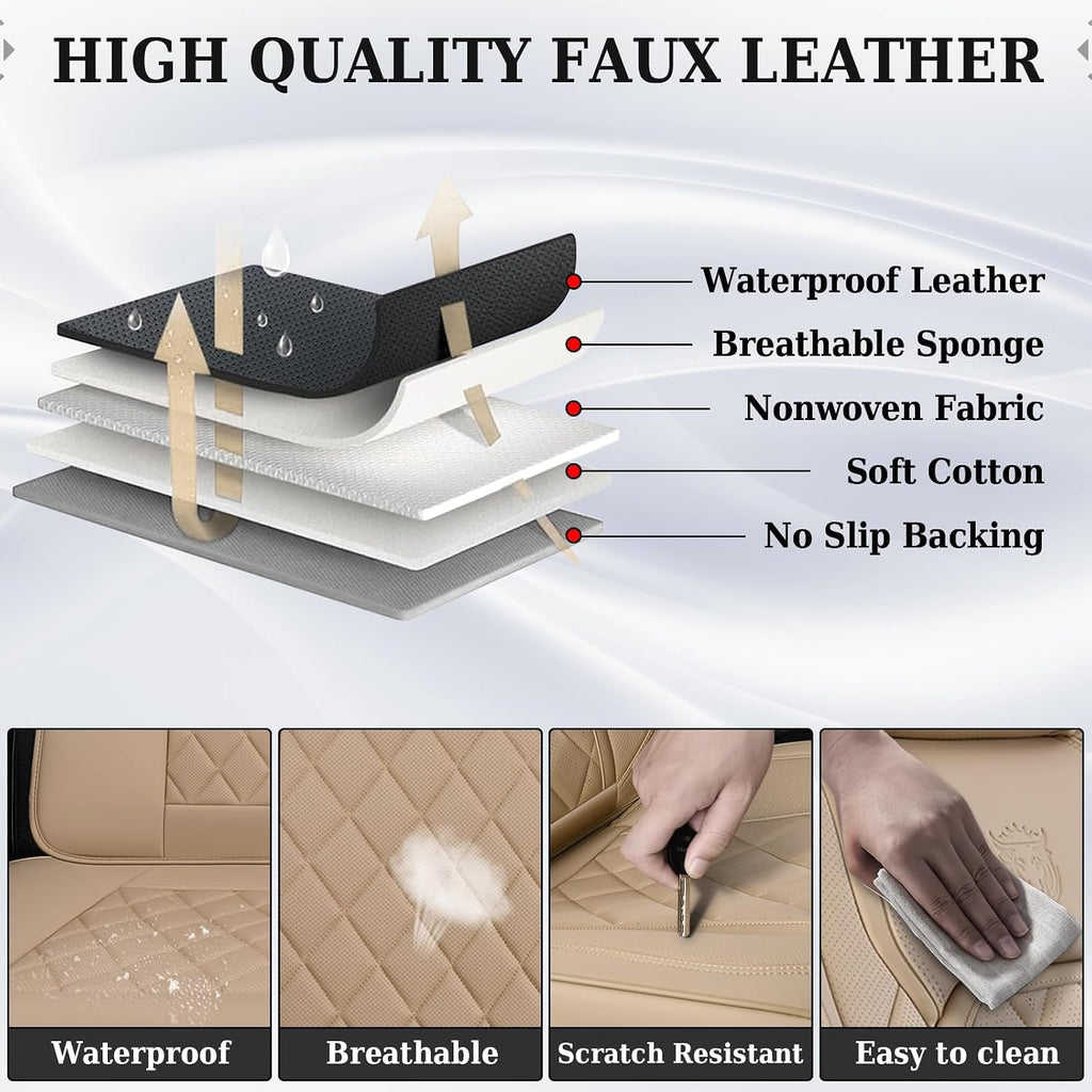 Coverado Car Seat Covers Full Set, Luxury Faux Leather Waterproof Seat Cover, 5 Seat Universal Seat Covers for Cars, Front and Back Car Seat Protector, Beige Leather Seat Cover Fit for Most Cars