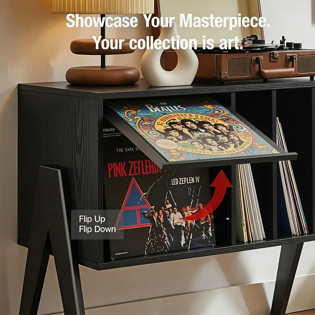 Record Player Stand with Vinyl Storage, 32' Turntable Stand with Flip-Up Album Display, Mid Century Modern Black Vinyl Record Storage Cabinet, Audio Media Console Table with V-Shape Legs