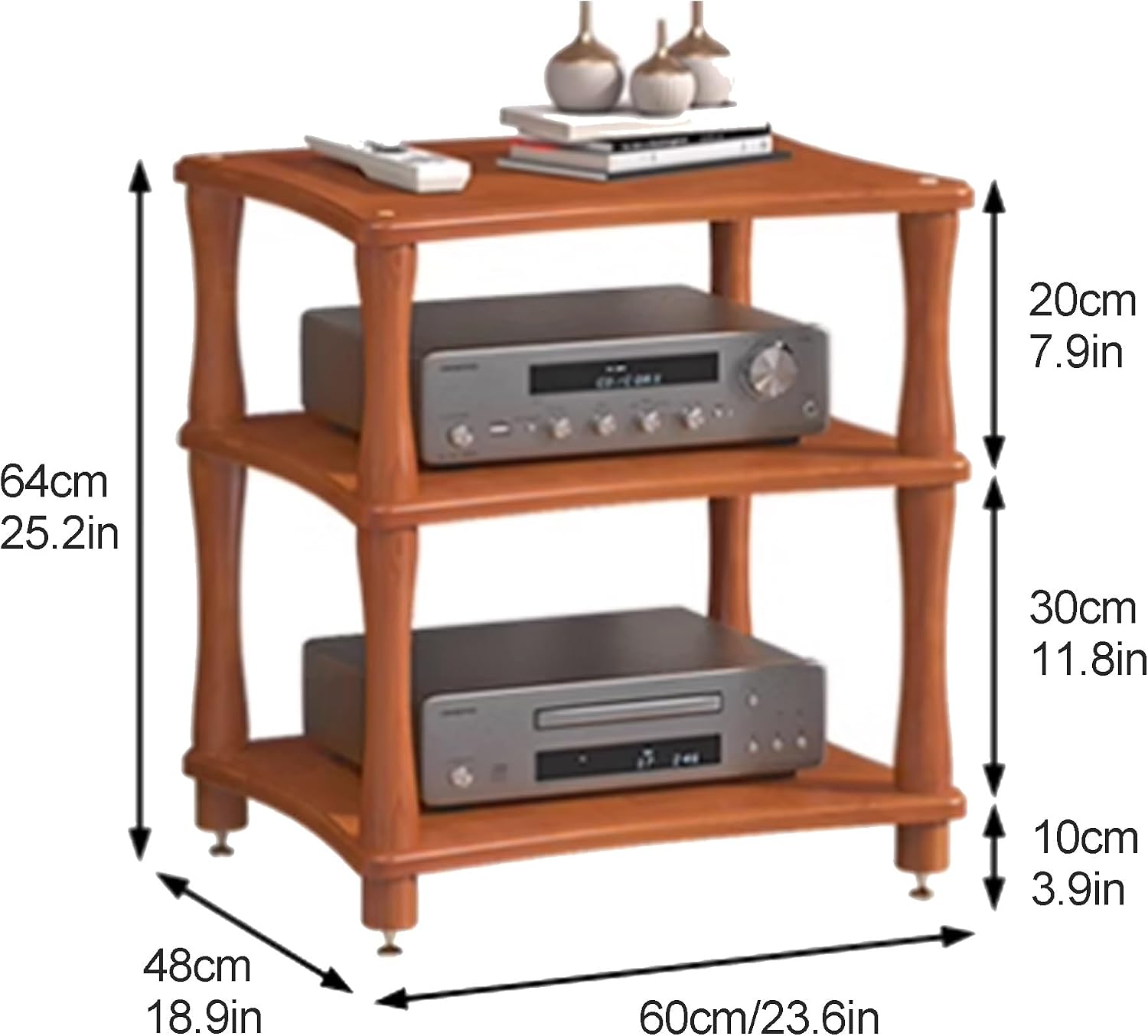Teak Stereo Rack AV Media Stand - Audio Tower for CD Player, Receiver & AV Equipment - Display Cabinet for Living Room, Gaming & Recording Room (60x48x64cm)