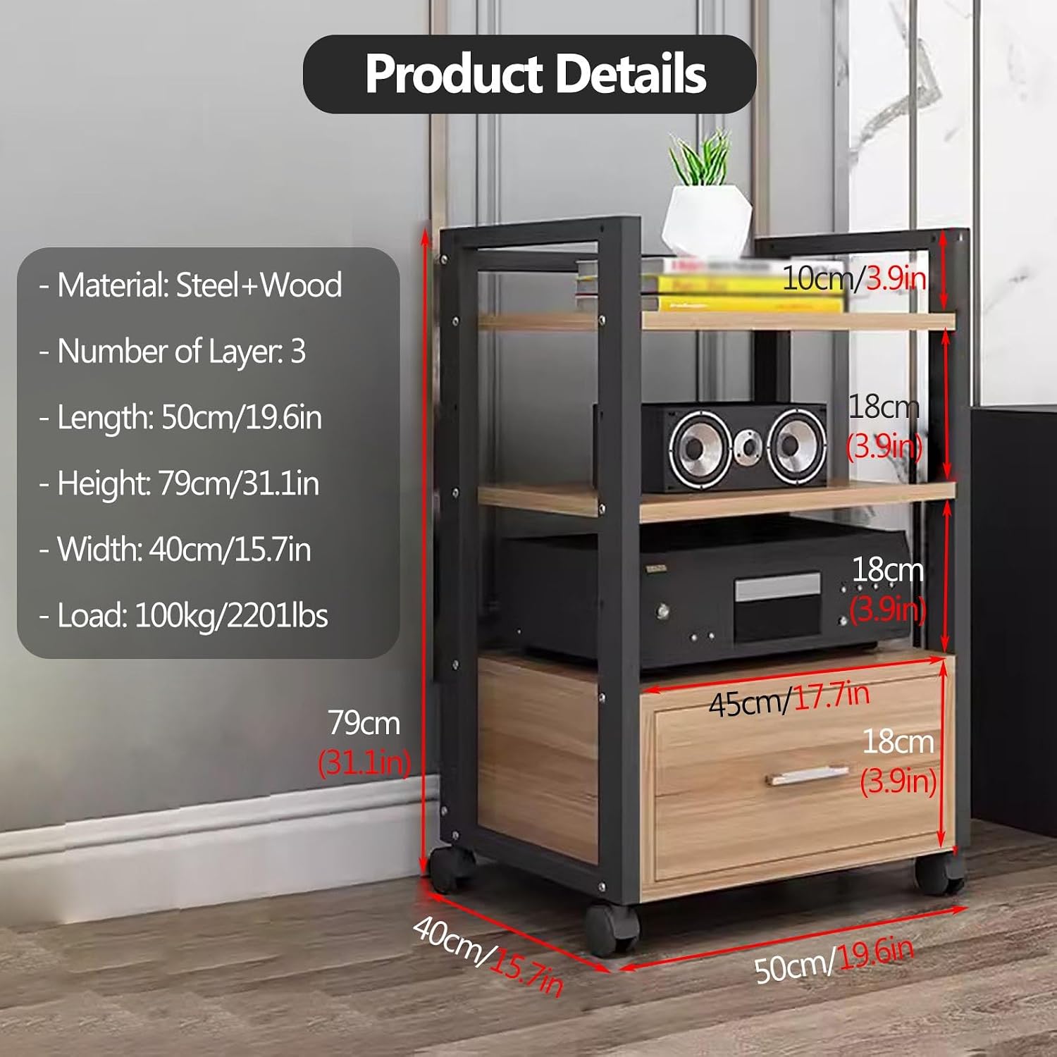YLLFFLL AV Media Stand Corner Shelf - Rack Audio Tower with Adjustable Shelves - 79 100 120cm Tall Shelf Stand with Wheels - Audio Equipment Rolling Cart Rack Portable for Home(3 Tiers-79cm Tall)