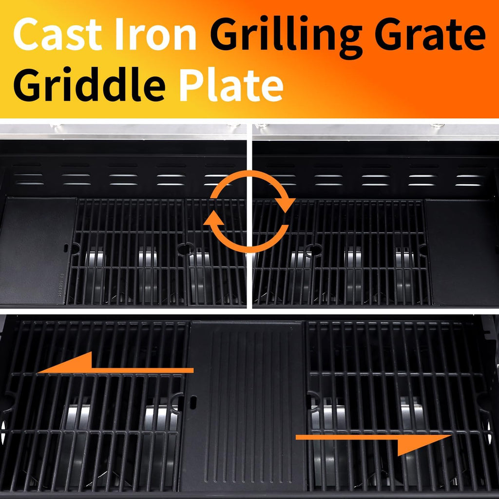 69000 BTU Output Propane Gas Grill with Side Burner and 6 Main Burners - Double-layer Stainless Steel Lid, Cast Iron Grids and Plate, Easy-Clean Grease Management for Perfect BBQs