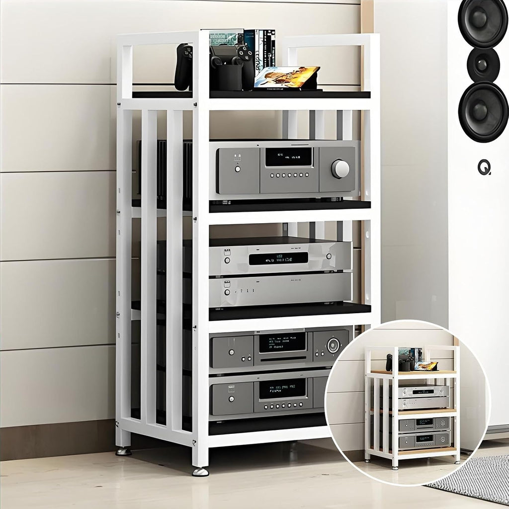 3.4.5 Tier AV Media Stand - Adjustable Stereo Rack for CD Players & Audio Equipment, Multifunctional Audio/Video Cabinet with Non-Slip Feet, Ideal for Home Entertainment (White)