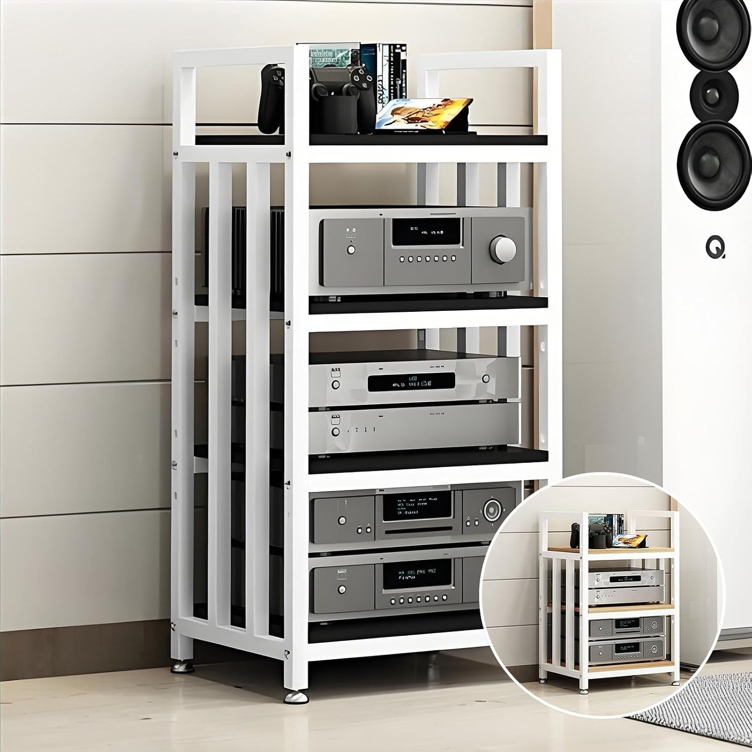 3.4.5 Tier AV Media Stand - Adjustable Stereo Rack for CD Players & Audio Equipment, Multifunctional Audio/Video Cabinet with Non-Slip Feet, Ideal for Home Entertainment (White)