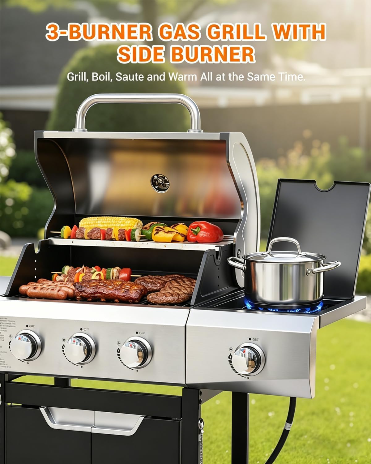 EUHOME 40,500 BTU 3-Burner Propane Gas Grill with Side Burner, Stainless Steel Outdoor BBQ Grill with 380 sq.in Cooking Space, 4 Swivel Casters & Cast Iron Grates for Patio Backyard Garden