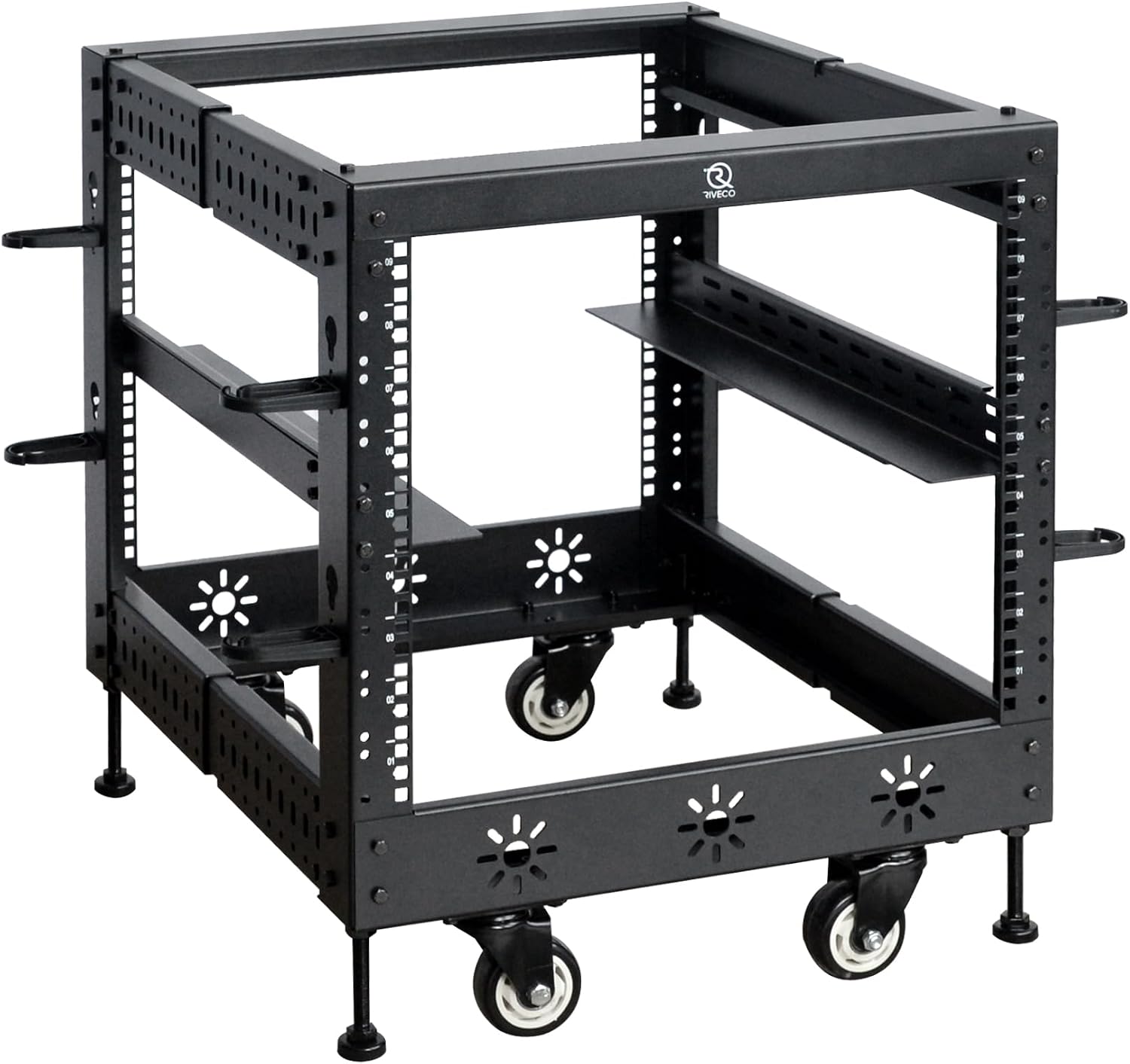 RIVECO 9U 19' Adjustable Depth Server Rack Support Up to 1700LBS Floor Standing 4 Post Rack with Load-Bearing Casters Universal for Network Equipment Black