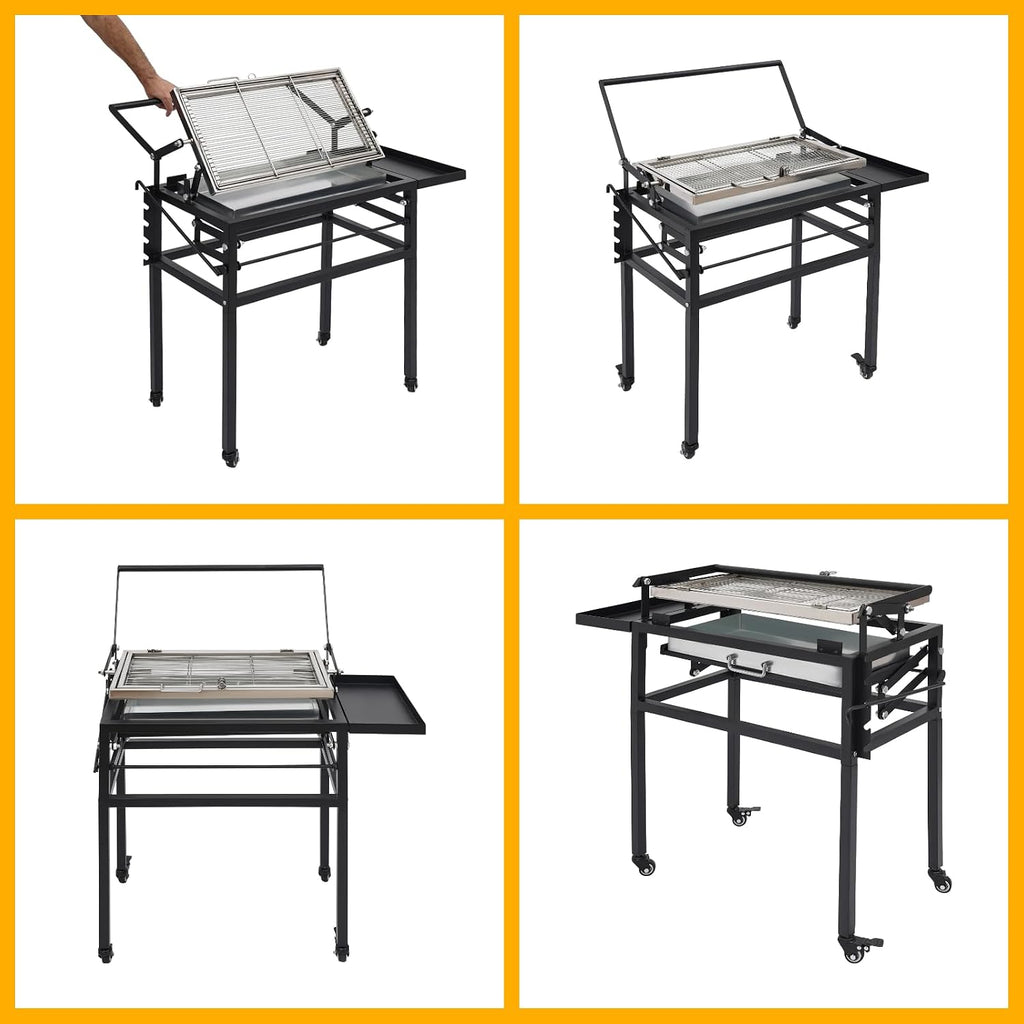 Vertical Charcoal Rotating Grill, Small Flip BBQ Grill with 360° Basket, Adjustable Height, Removable Legs, Portable Tabletop Option, Rolling Wheels, Outdoor Patio & Camping, Alloy Steel, Black