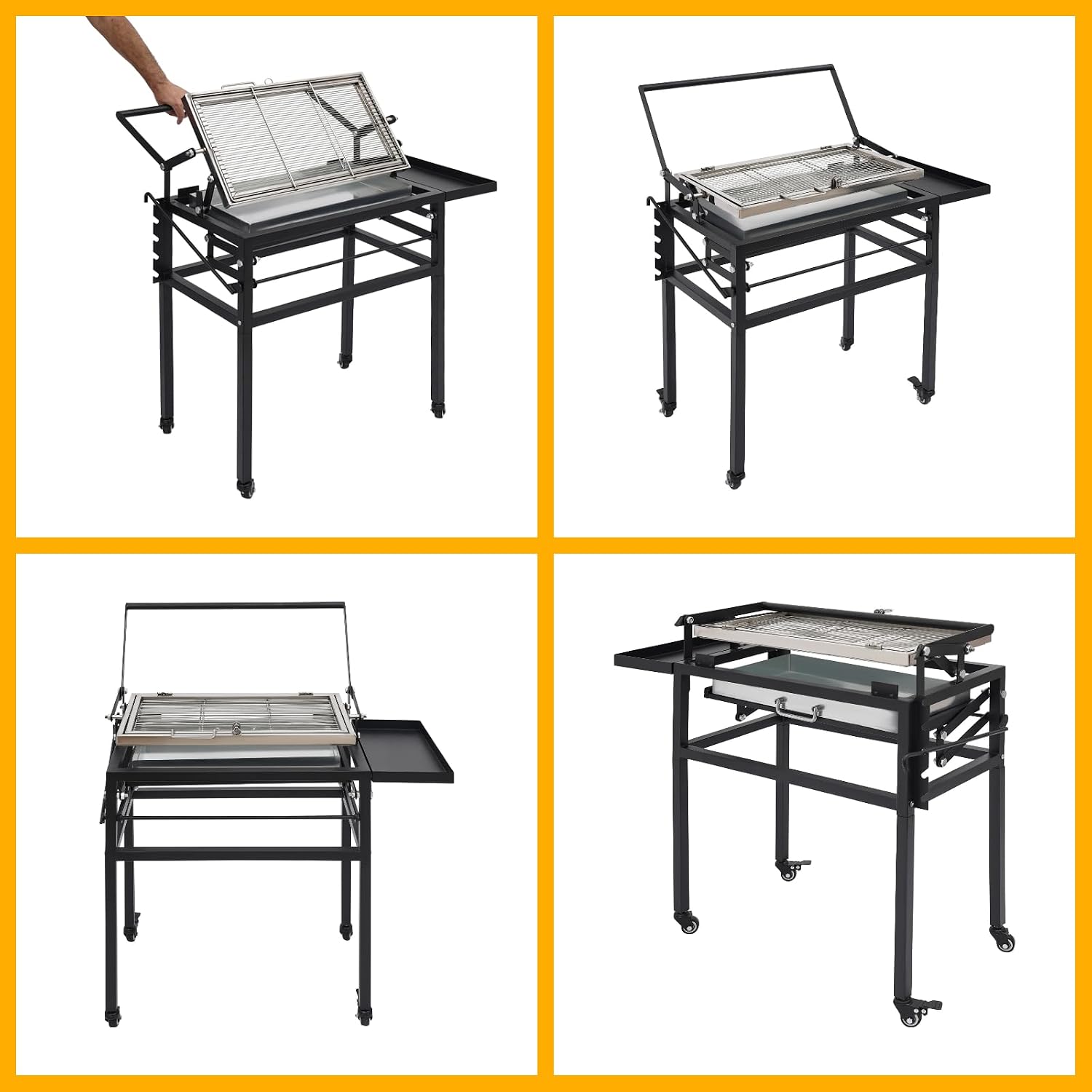 Vertical Charcoal Rotating Grill, Small Flip BBQ Grill with 360° Basket, Adjustable Height, Removable Legs, Portable Tabletop Option, Rolling Wheels, Outdoor Patio & Camping, Alloy Steel, Black