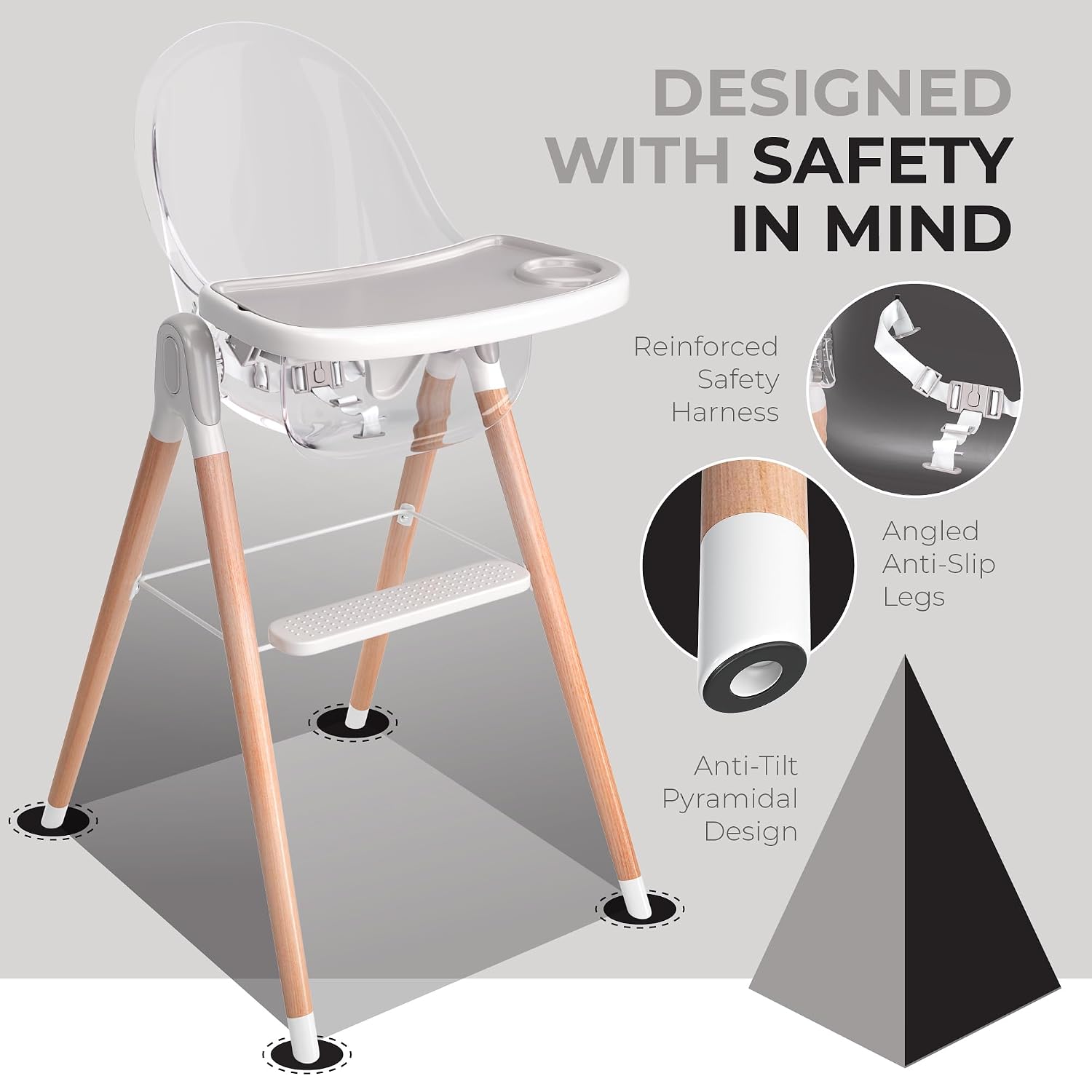 6 in 1 Deluxe Wooden High Chair for Babies & Toddlers, Modern Safe & Compact Baby Highchair, Easy to Clean & Assemble, Removable Tray, 6 Options 3 Seat Positions 2 Heights (Clear)