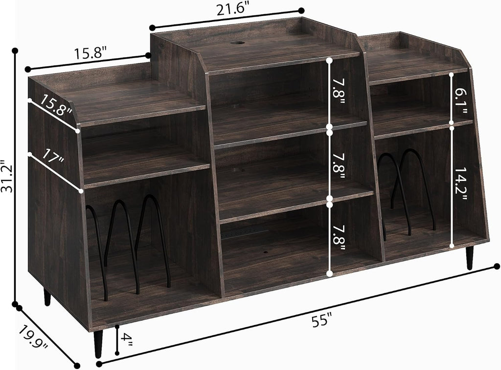 Rresyet 55' Record Player Stand with Charging Station, 4-Tier Vinyl Record Storage Cabinet with Divided Shelves, Adjustable Shelf，Large Capacity Storage for Music Room Living Room