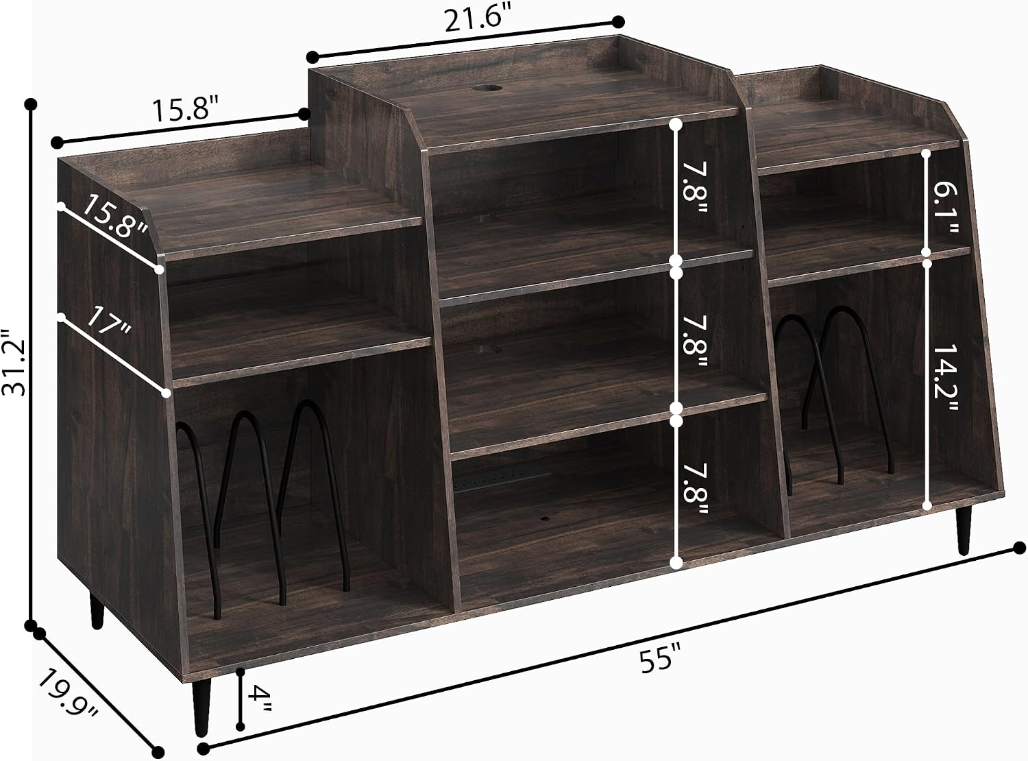 Rresyet 55' Record Player Stand with Charging Station, 4-Tier Vinyl Record Storage Cabinet with Divided Shelves, Adjustable Shelf，Large Capacity Storage for Music Room Living Room