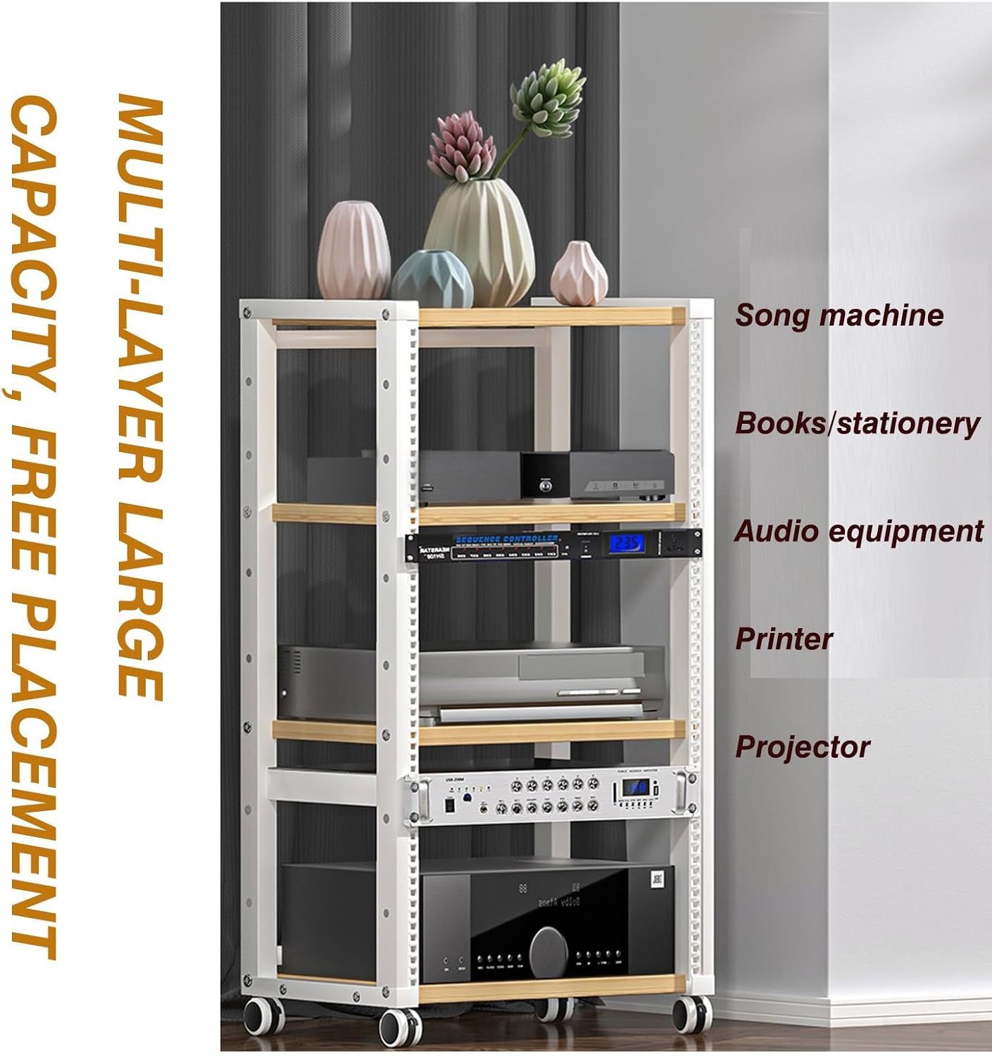 4 Tier Furniture Media Rack DVD CD Player Stand Audio Rack Power Amplifier Equipment Cabinet with Height Adjustable Wood Shelf Floor Standing Storage Rack for Bedroom, Living Room(Red Teak)