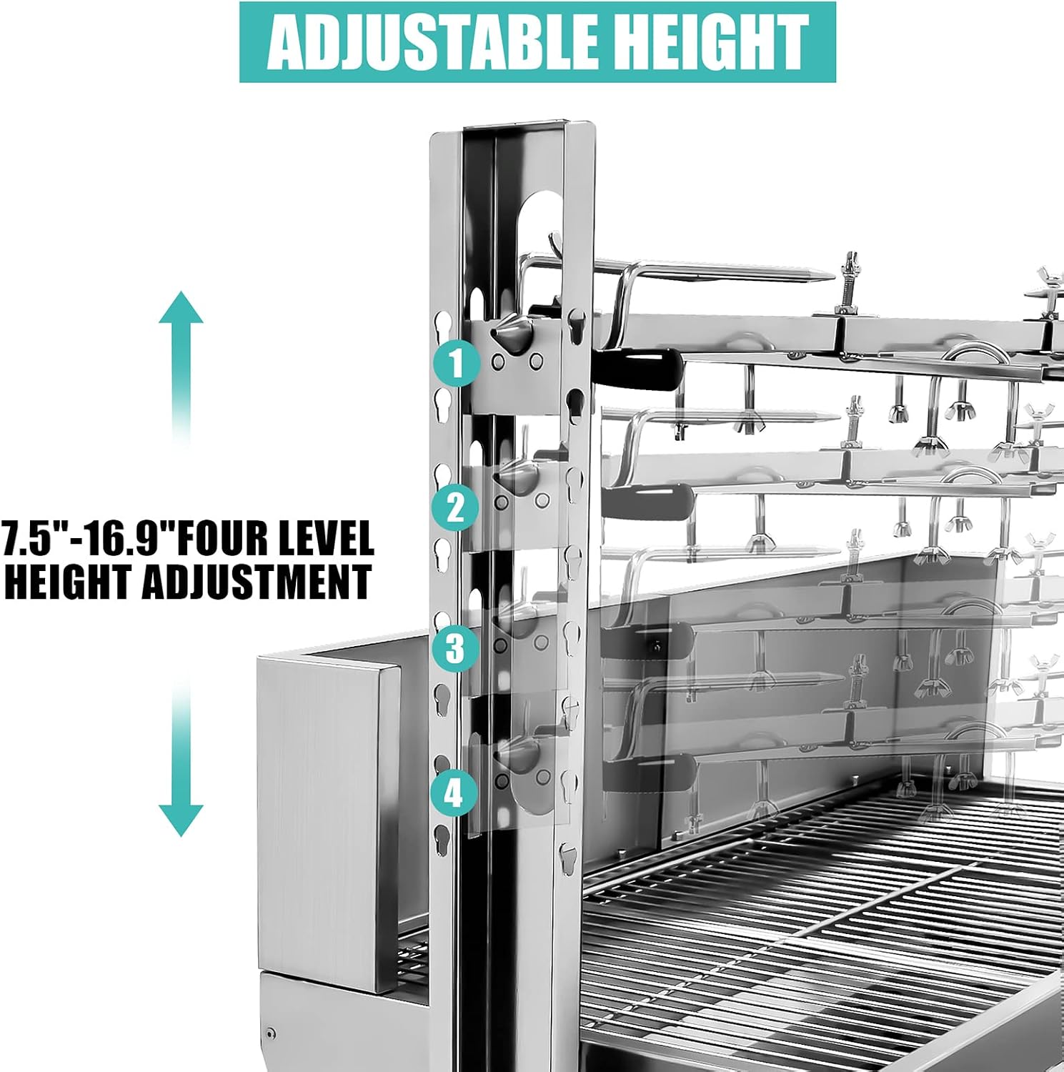 Rotisserie Grill Charcoal Spit Roaster, Stainless Steel 48.6' Pig Lamb Hooded Roaster Charcoal Spit With 25W Motor & Adjustable Height Lockable Casters For Party Barbecue,176 LBS With Baffle