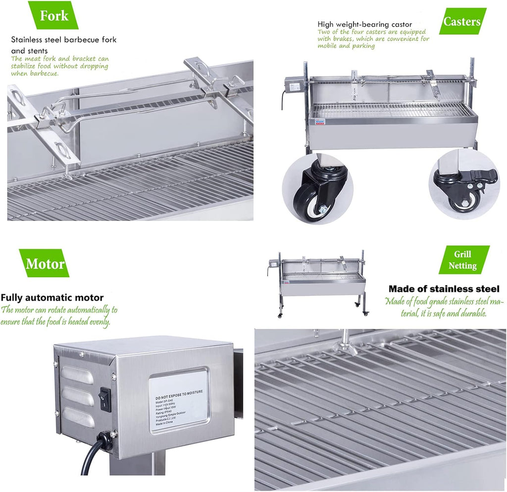 46 Inch BBQ Rotisserie Grill Roaster Stainless Steel Barbecue Charcoal Grill with Back Cover Automatic Rotary Pig Lamb Spit Kit 15W 110V