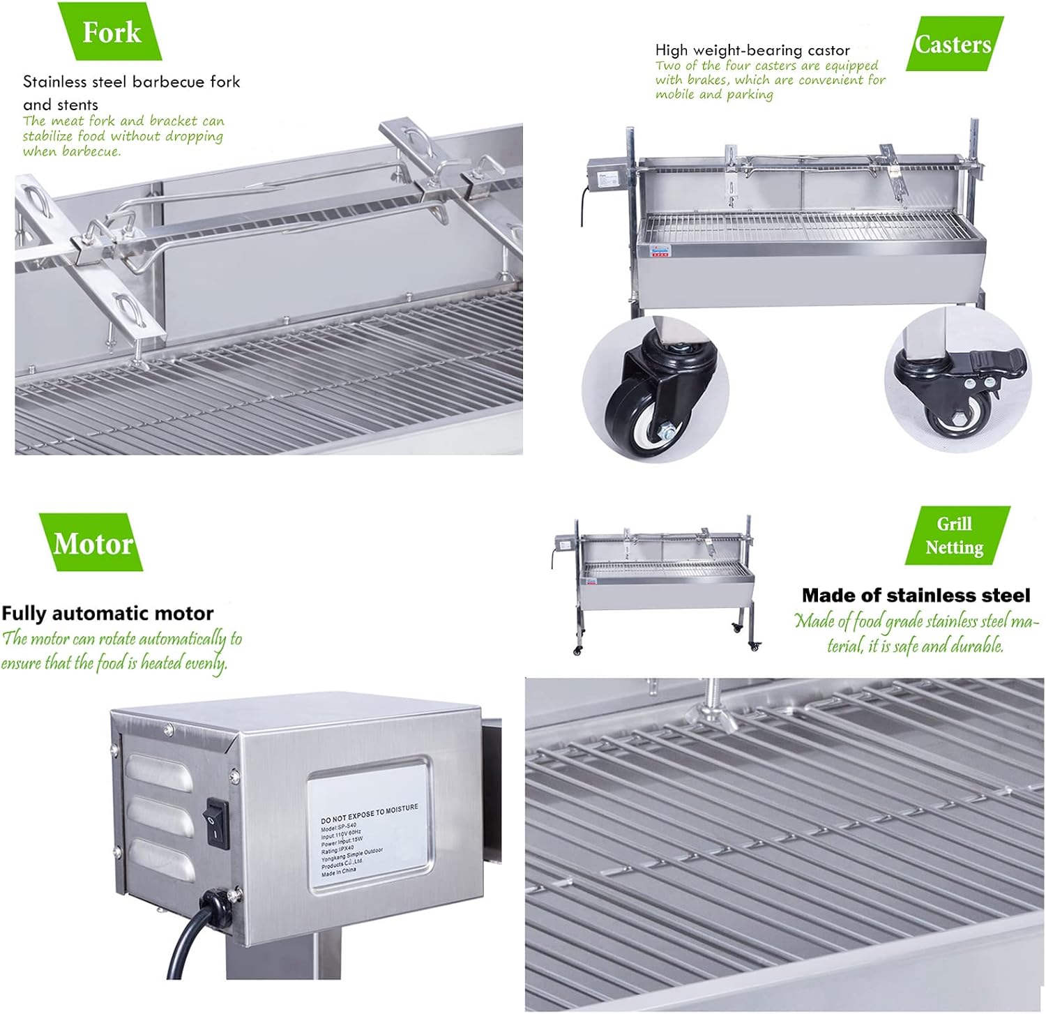 46 Inch BBQ Rotisserie Grill Roaster Stainless Steel Barbecue Charcoal Grill with Back Cover Automatic Rotary Pig Lamb Spit Kit 15W 110V
