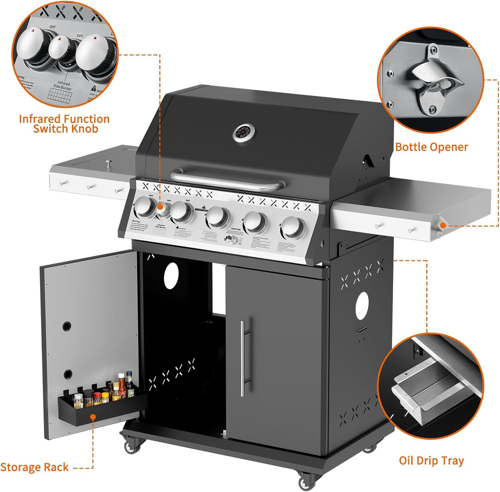 SKOK 5 Burner BBQ Grill with Infrared Side and Rear Burners, Gas Grill with Cast Iron Grates, Outdoor Barbecue Grill 72,000 BTU Output