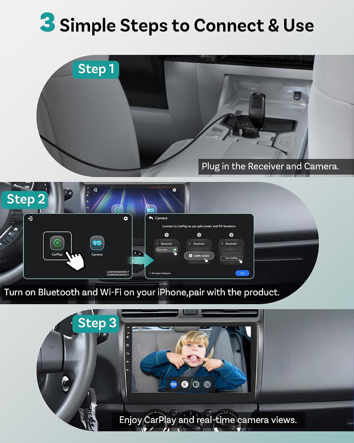 OTTOCAST Baby Car Camera &Wireless CarPlay Adapter,1080P HD Rear Seat Monitor Display on Car Screen,150°Wide Angle No-Glow Night View, Safety for Kids & Infants