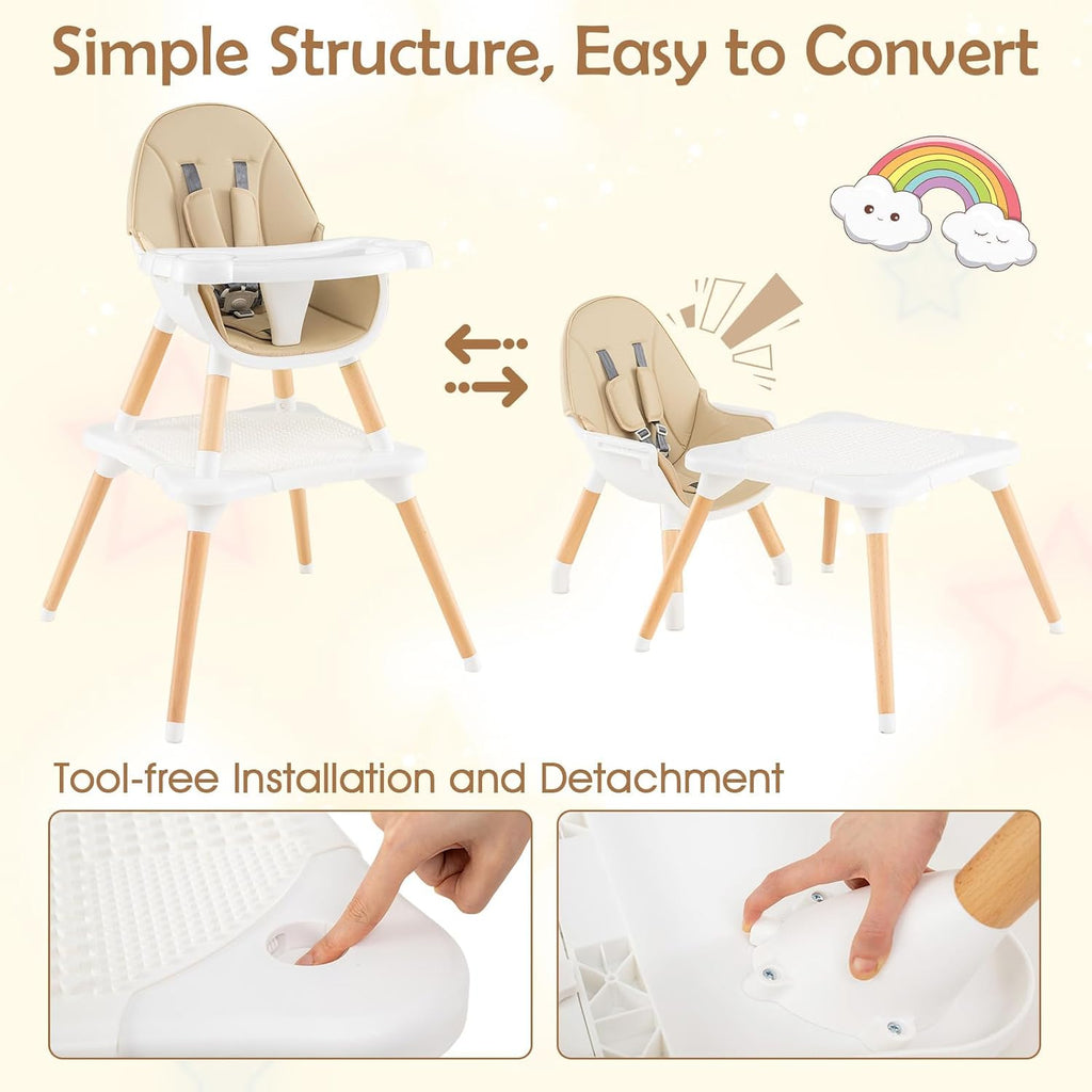 GLACER High Chair, 6-in-1 Convertible Wooden High Chairs for Babies and Toddlers w/Building Block Table, 5-Point Safety Harness, Removable Tray, PU Cushioned Baby High Chair for 6-36 Months (Khaki)