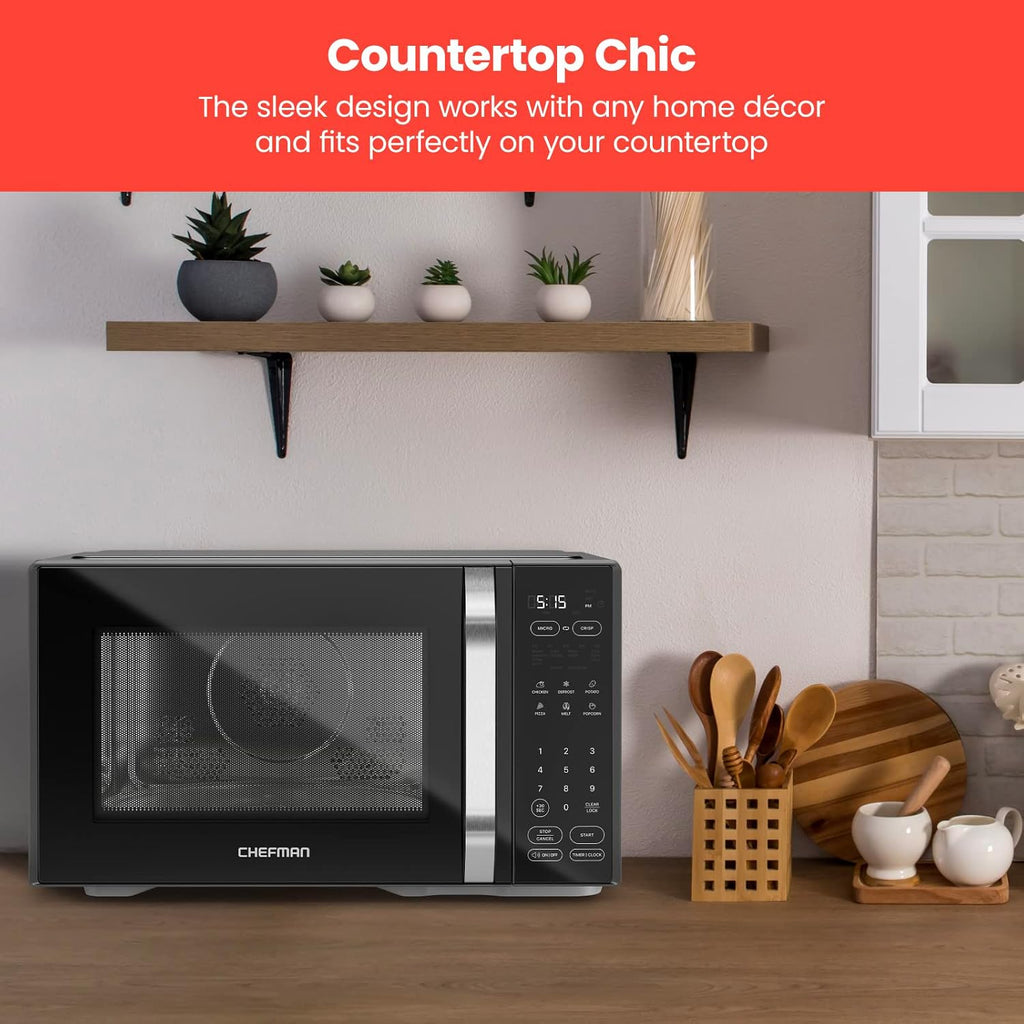 Chefman MicroCrisp Countertop Digital Microwave Oven, Unique 'Cook & Crisp' Power Combo, 1.0 Cu Ft, Dual-Cook 1000W Microwave + 1500W Crisper, 6 Touch Presets, Digital Display, Stainless Steel Handle