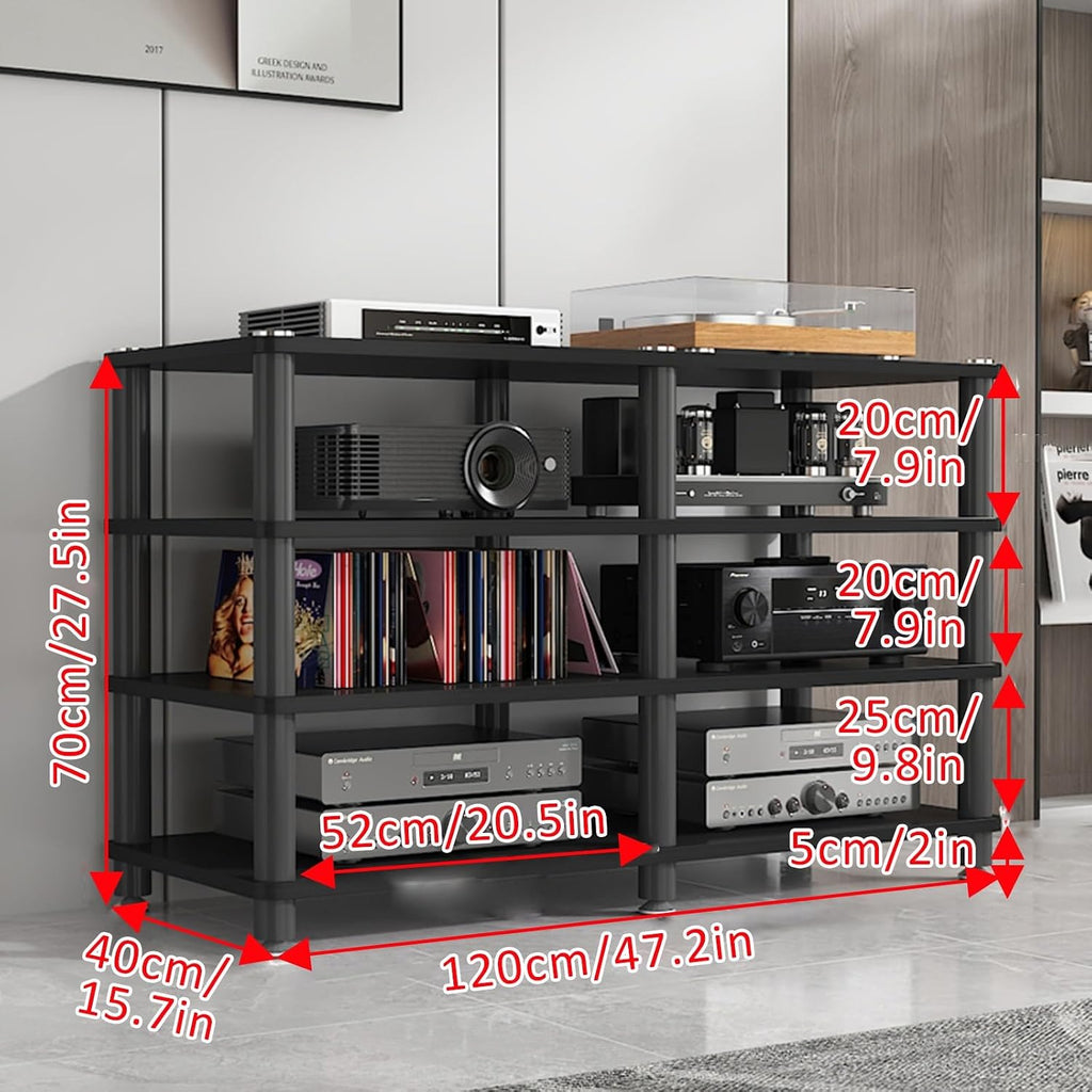4-Tier Corner AV Media Stand - Stereo Audio Rack & Entertainment Tower Shelf for Video Game Consoles, Deep Black Storage Cabinet (120x40x70cm)