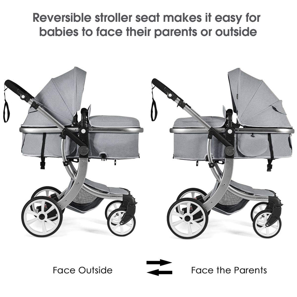 Honey Joy Baby Stroller, High Landscape Convertible Infant Bassinet Stroller, Adjustable Canopy & Backrest, Storage Basket, Foot Cover, Foldable Newborn Carriage Pram Stroller (Gray)
