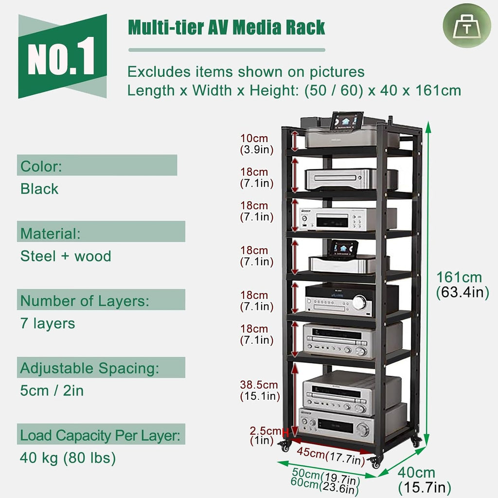 Movable Stereo Components Cabinet Rack with Adjustable Shelf - Av Media Shelf for Dvd Players/ Cd Changer/ TV Accessories/ Game Console - Audio Equipment Rolling Carts on Wheels(Black,7 tier-60cm wide