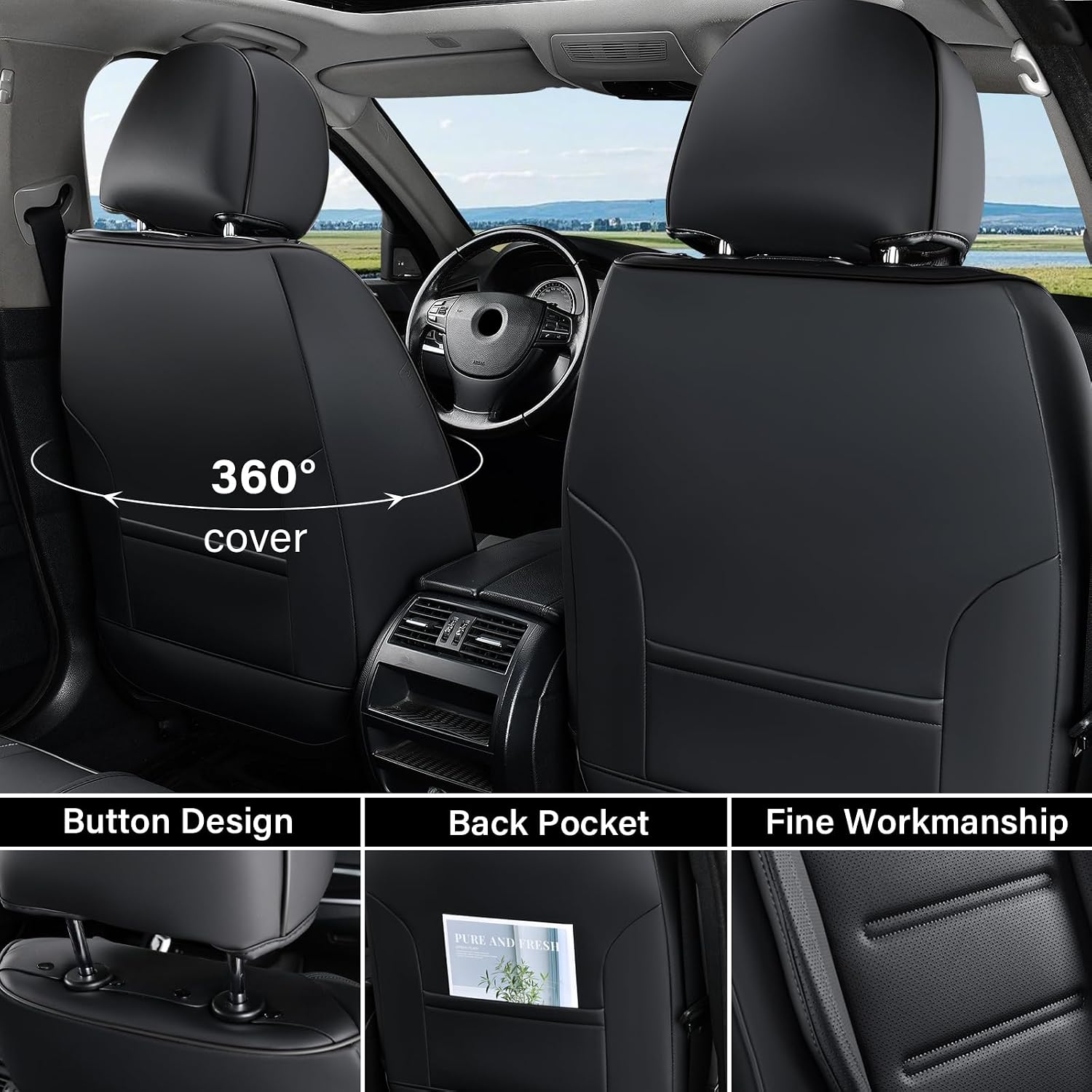 Coverado Car Seat Covers Full Set, Seat Covers for Cars, Car Seat Protector Waterproof, Leather Car Seat Cushion, Universal Interior Covers Seat Protectors for Most Cars Black