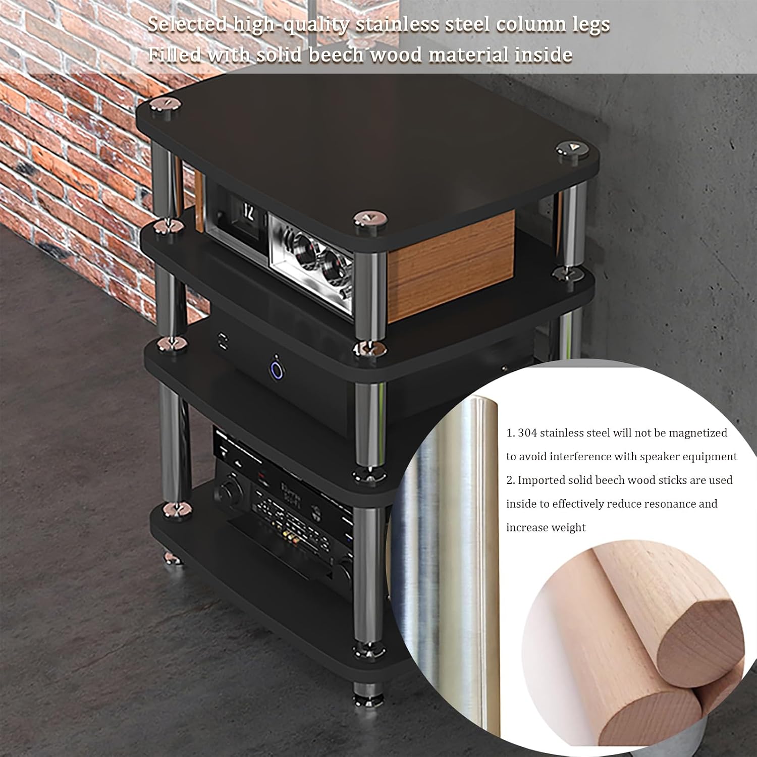1/2/3/4 Tier Media Stand, Audio Rack with Stainless Steel Legs, Open Media Storage Cabinet, TV Stand with Shock-Absorbing Feet, Audio Entertainment Unit(Black,1 Tier 60x48x10cm)